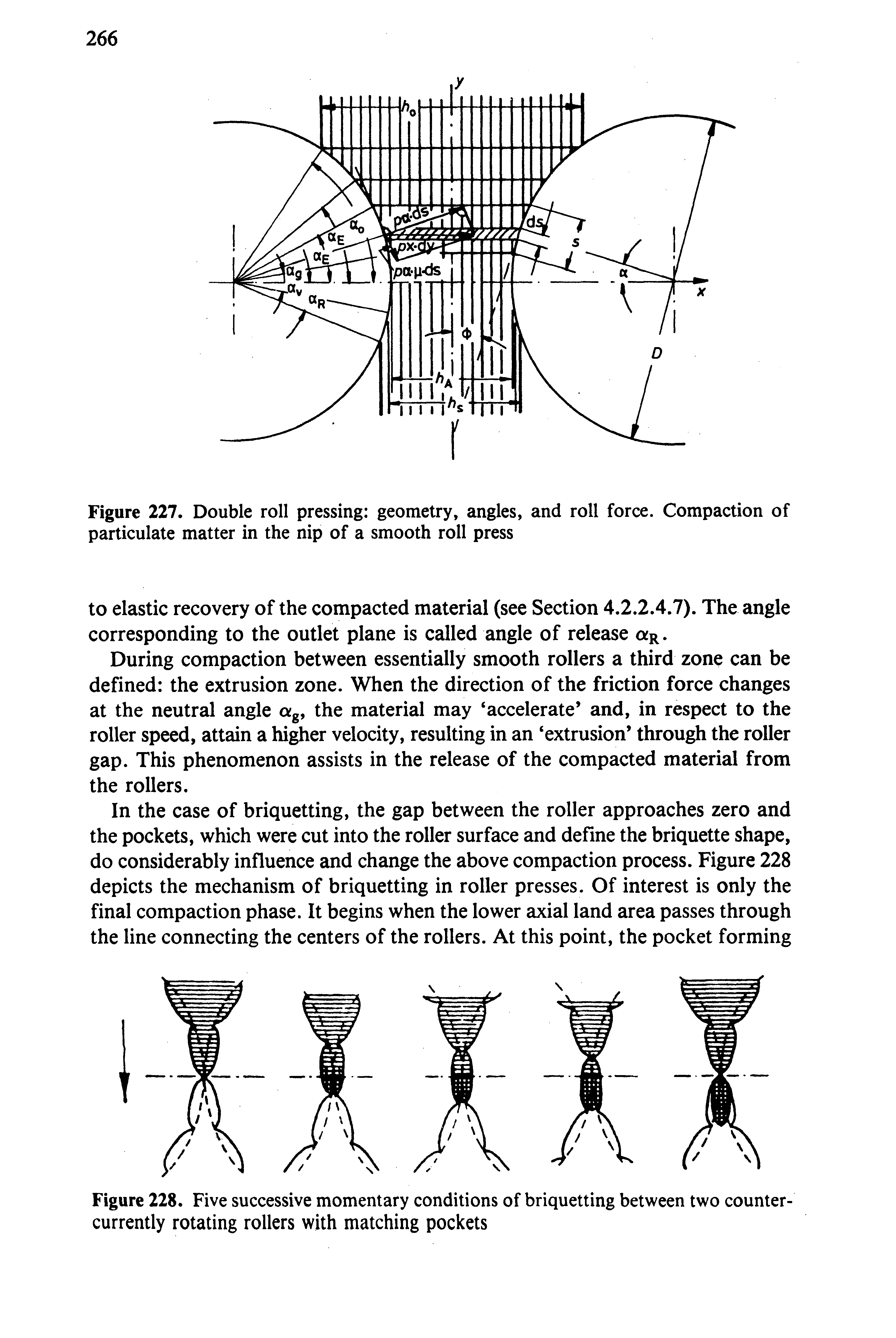 Figure 221. Double roll pressing geometry, angles, and roll force. Compaction of particulate matter in the nip of a smooth roll press...