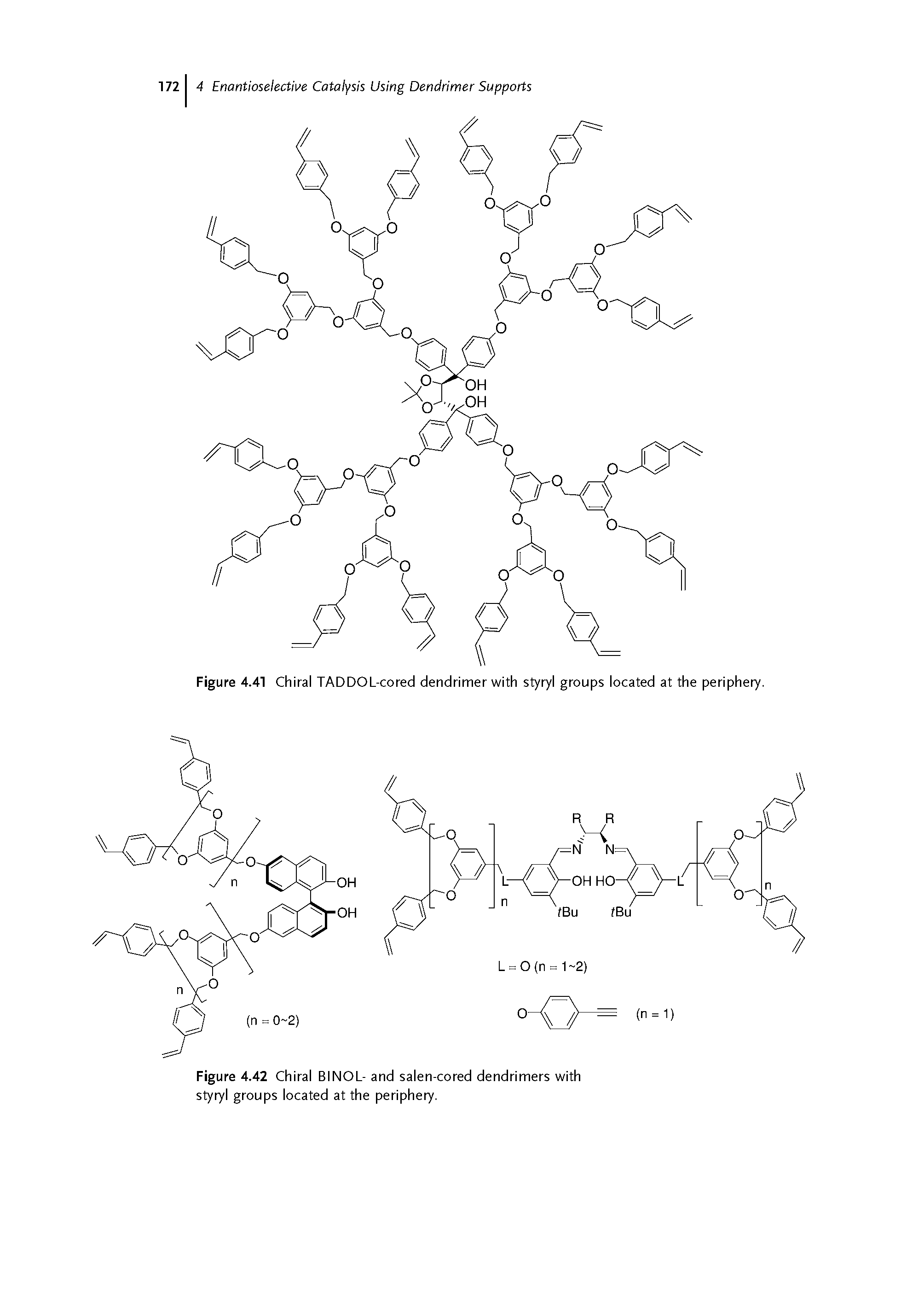 Figure 4.42 Chiral BINOL- and salen-cored dendrimers with styryl groups located at the periphery.
