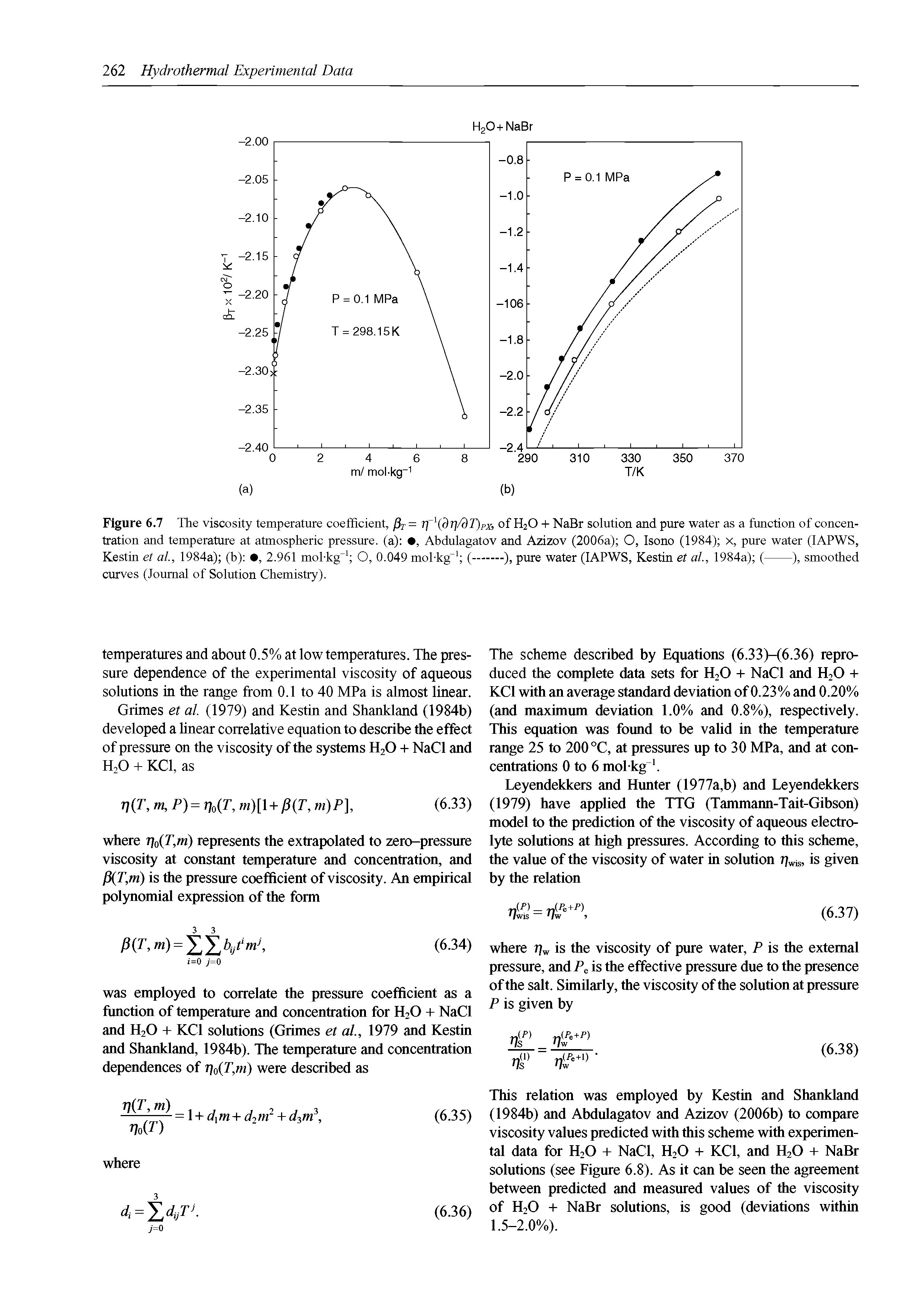 Figure 6.7 The viscosity temperature coefficient, fir = r[ dr /dT)px, of H2O + NaBr solution and pure water as a function of concentration and temperature at atmospheric pressure, (a) , Abdulagatov and Azizov (2006a) O, Isono (1984) x, pure water (lAPWS, Kestrn et al, 1984a) (h) , 2.961 mol kg O, 0.049 mol-kg (--------), pure water (lAPWS, Kestin et al., 1984a) (------), smoothed...