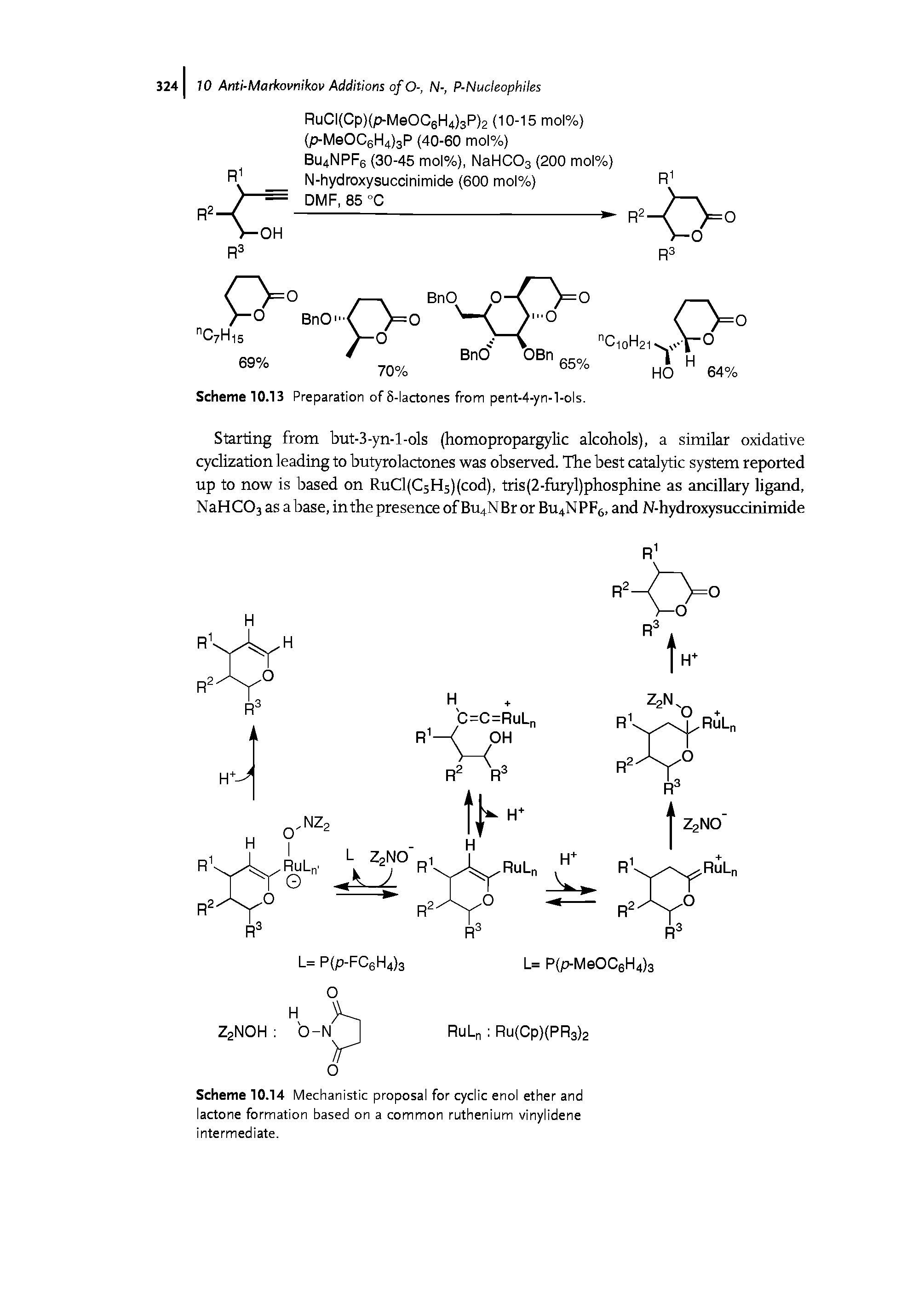 Scheme 10.14 Mechanistic proposal for cyclic enol ether and lactone formation based on a common ruthenium vinylidene intermediate.