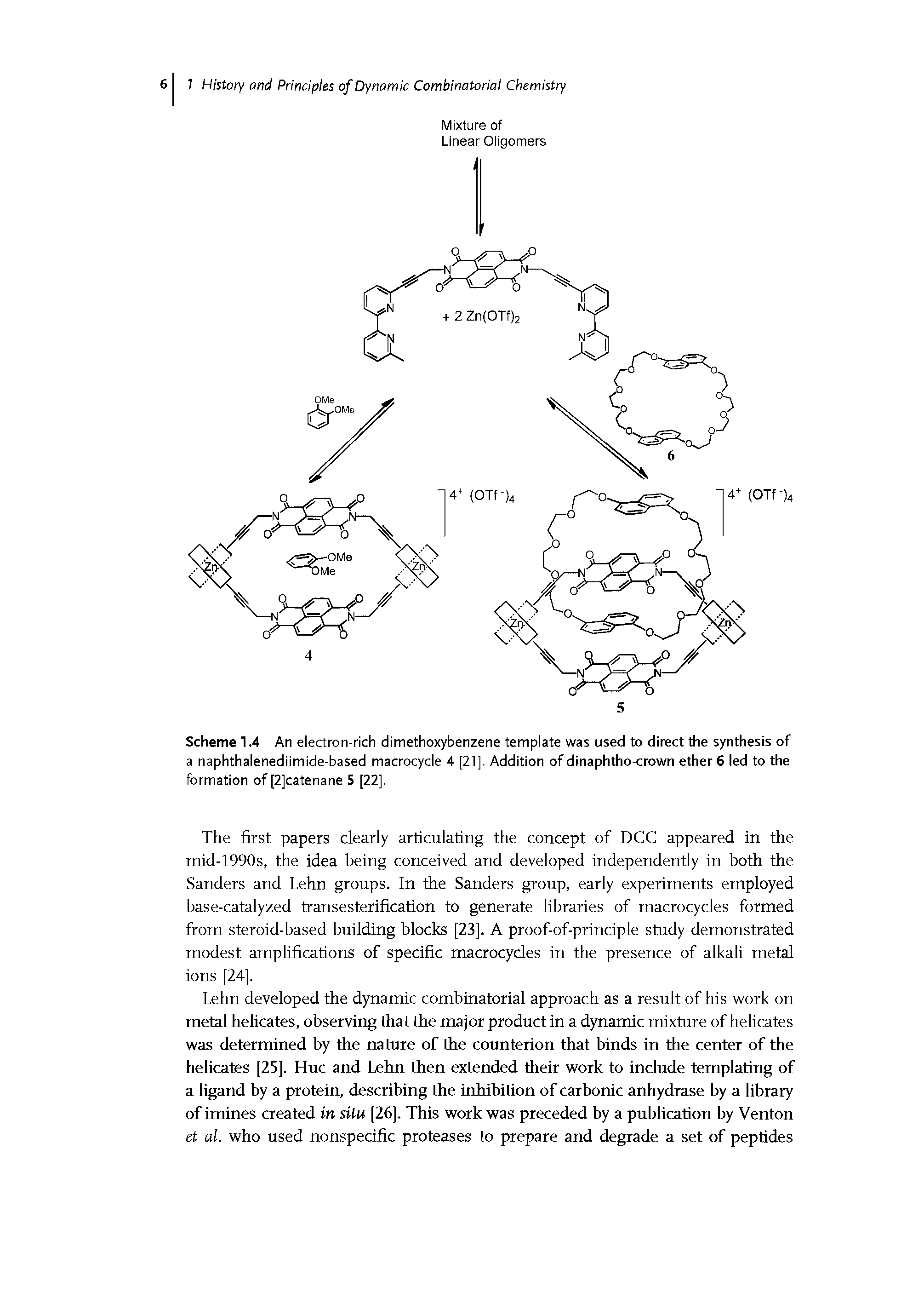 Scheme 1.4 An electron-rich dimethoxybenzene template was used to direct the synthesis of a naphthalenediimide-based macrocycle 4 [21]. Addition of dinaphtho-crown ether 6 led to the formation of [2]catenane 5 [22].