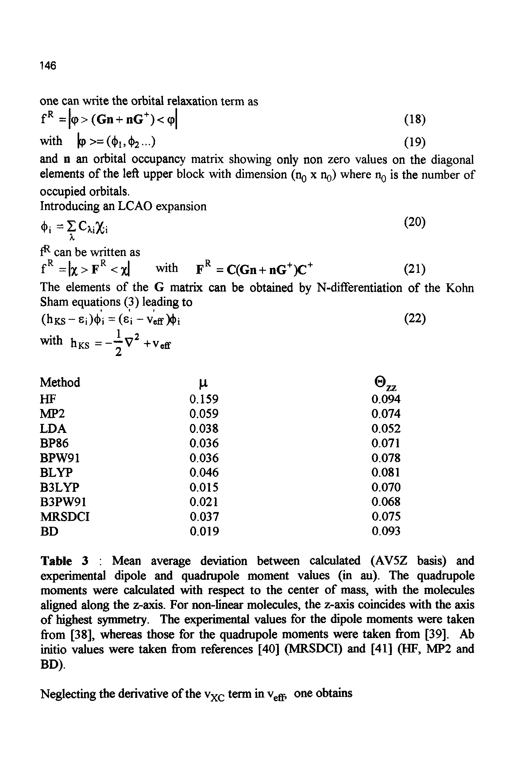 Table 3 Mean average deviation between calculated (AV5Z basis) and experimental dipole and quadrupole moment values (in au). The quadrupole moments were calculated with respect to the center of mass, with the molecules aligned along the z-axis. For non-linear molecules, the z-axis coincides with the axis of highest symmetry. The experimental values for the dipole moments were taken from [38], whereas those for the quadrupole moments were taken from [39]. Ab initio values were taken from references [40] (MRSDCI) and [41] (HF, MP2 and BD).