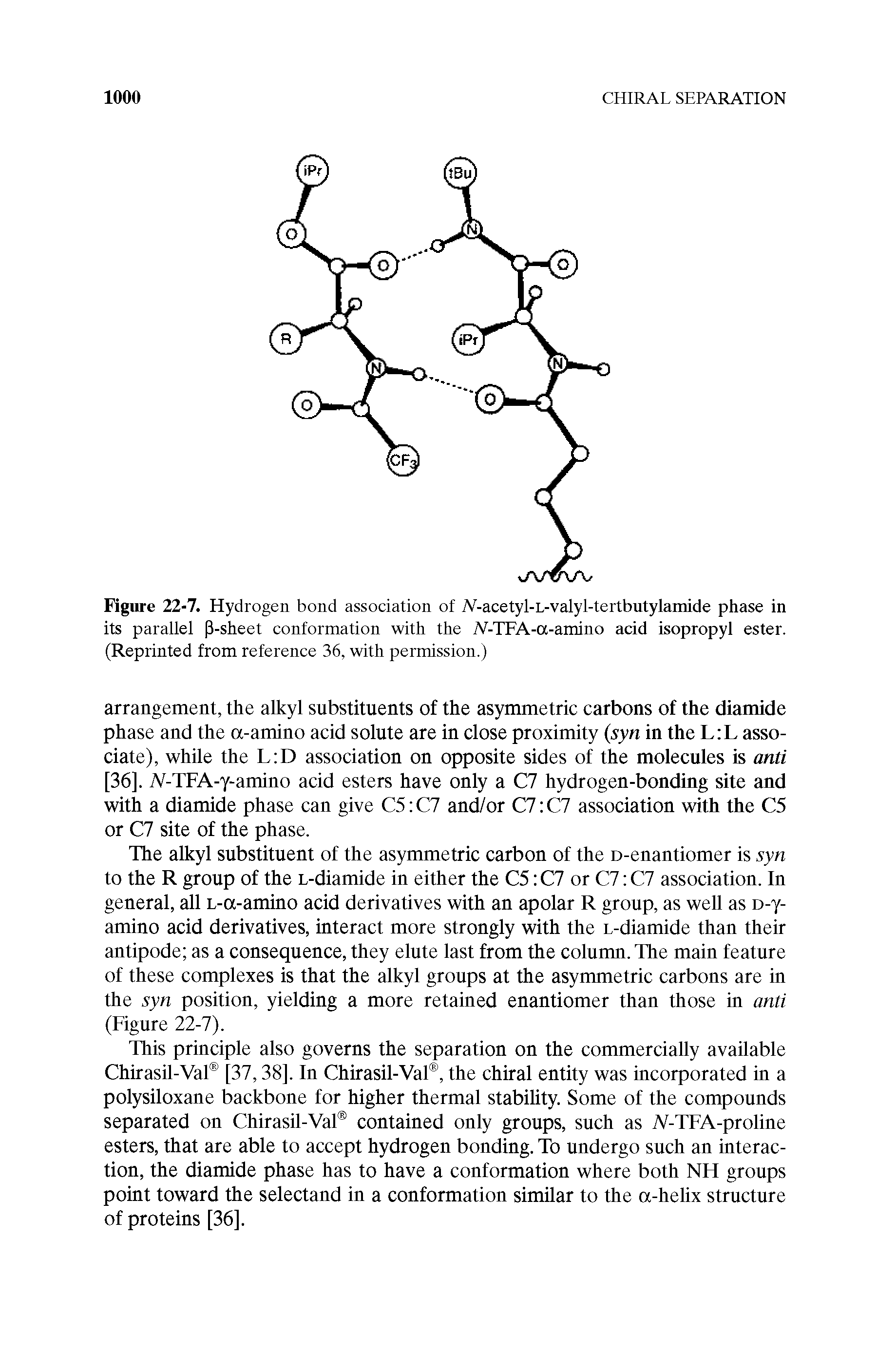 Figure 22-7. Hydrogen bond association of A -acetyl-L-valyl-tertbutylamide phase in its parallel P-sheet conformation with the Al-TFA-a-amino acid isopropyl ester. (Reprinted from reference 36, with permission.)...