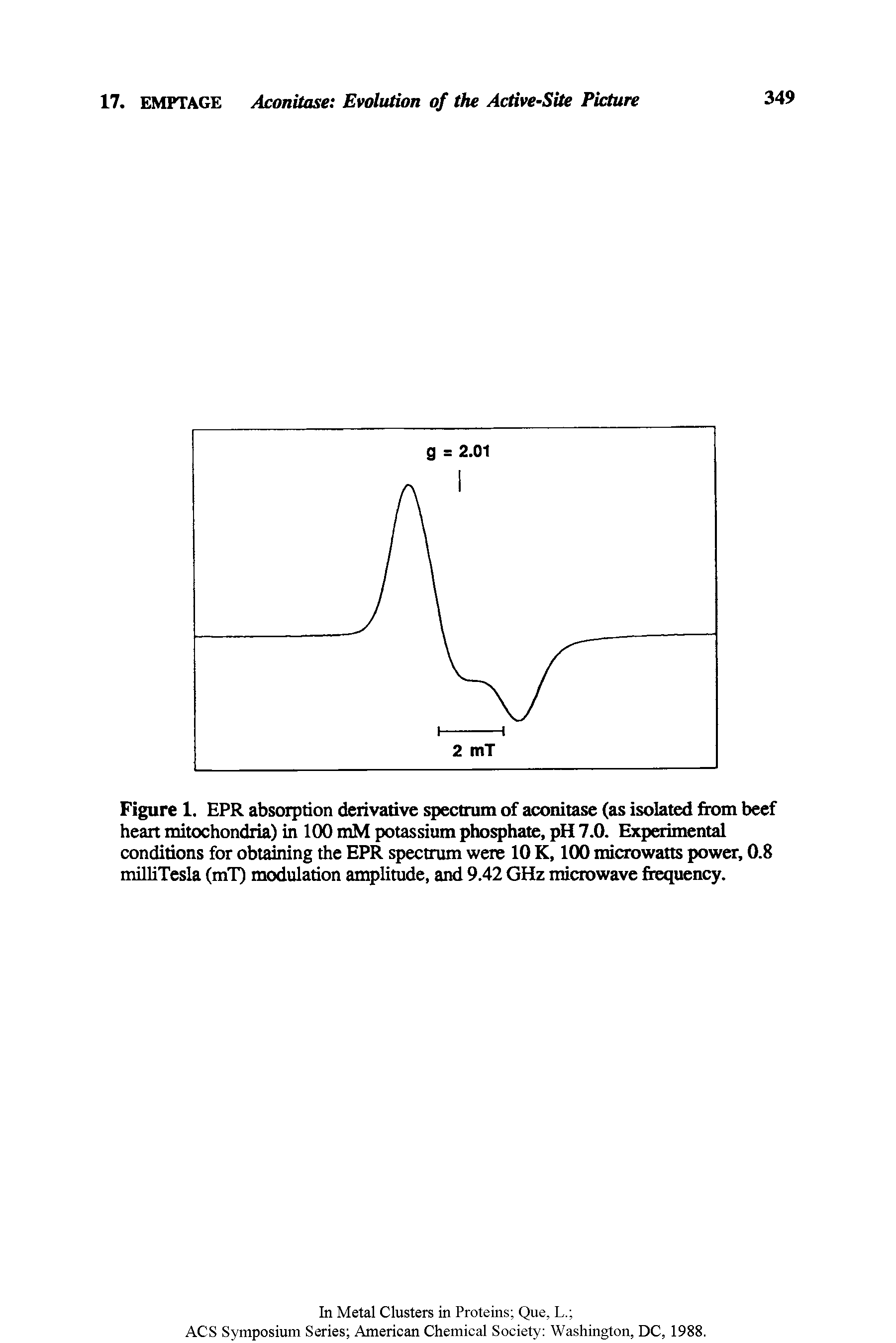 Figure 1. EPR absorption derivative spectrum of aconitase (as isolated from beef heart mitochondria) in 100 mM potassium phosphate, pH 7.0. Experimental conditions for obtaining the EPR spectrum were 10 K, 100 microwatts power, 0.8 milliTesla (mT) modulation amplitude, and 9.42 GHz microwave frequency.