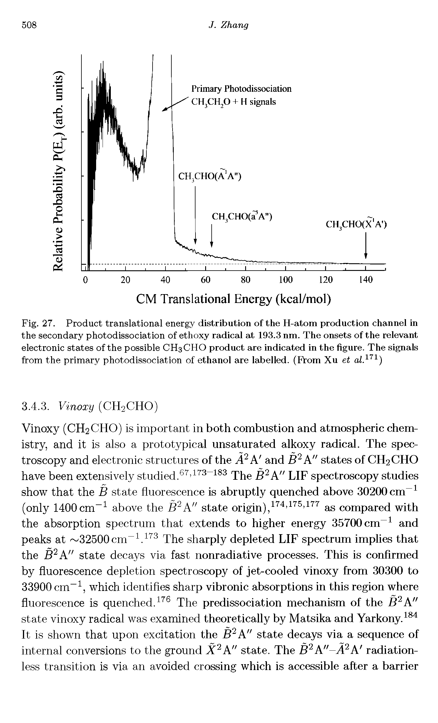 Fig. 27. Product translational energy distribution of the H-atom production channel in the secondary photodissociation of ethoxy radical at 193.3 nm. The onsets of the relevant electronic states of the possible CH3CHO product are indicated in the figure. The signals from the primary photodissociation of ethanol are labelled. (FYom Xu et al.171)...