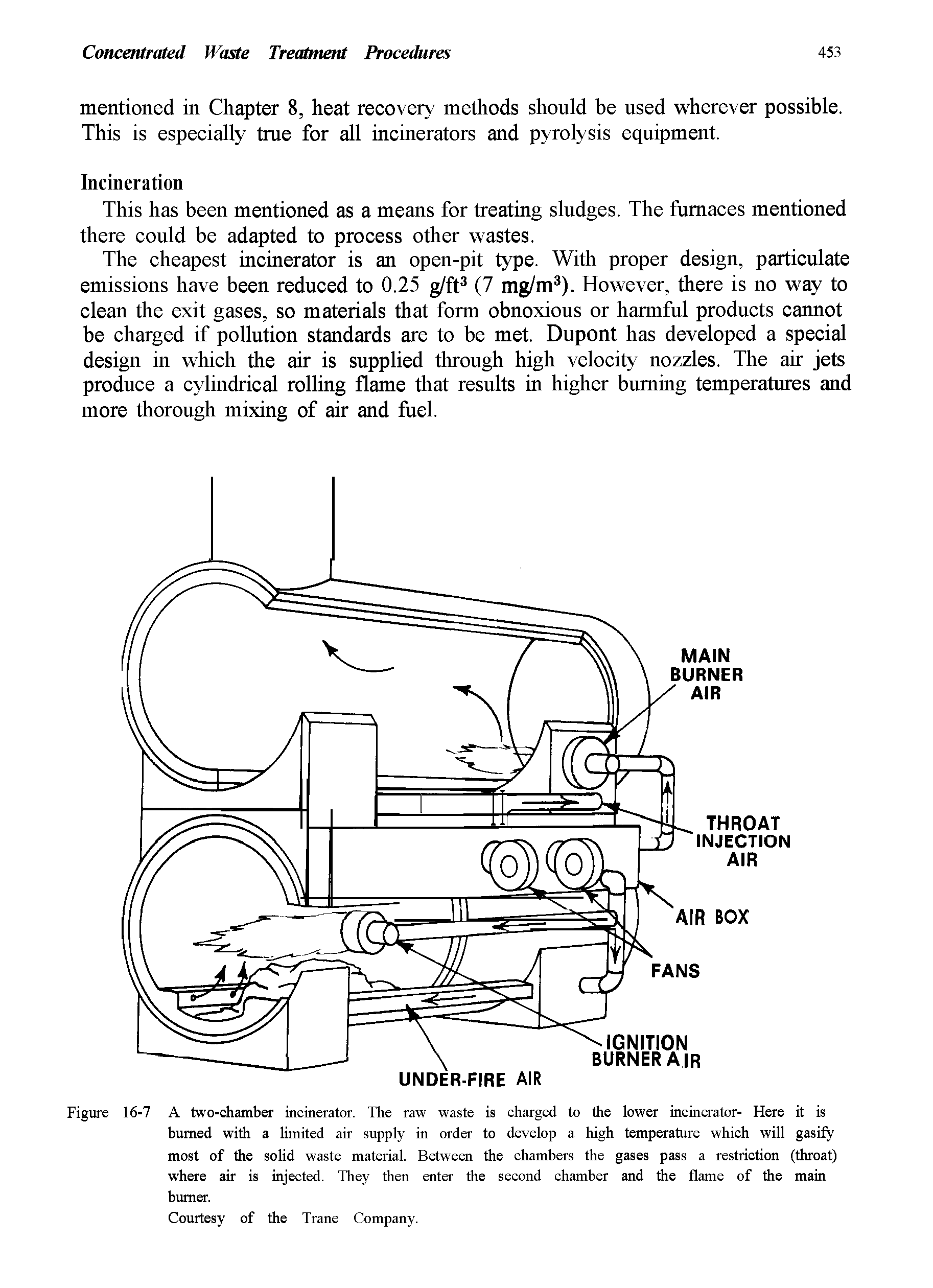 Figure 16-7 A two-chamber incinerator. The raw waste is charged to the lower incinerator- Here it is burned with a limited air supply in order to develop a high temperature which will gasify most of the solid waste material. Between the chambers the gases pass a restriction (throat) where air is injected. They then enter the second chamber and the flame of the main burner.