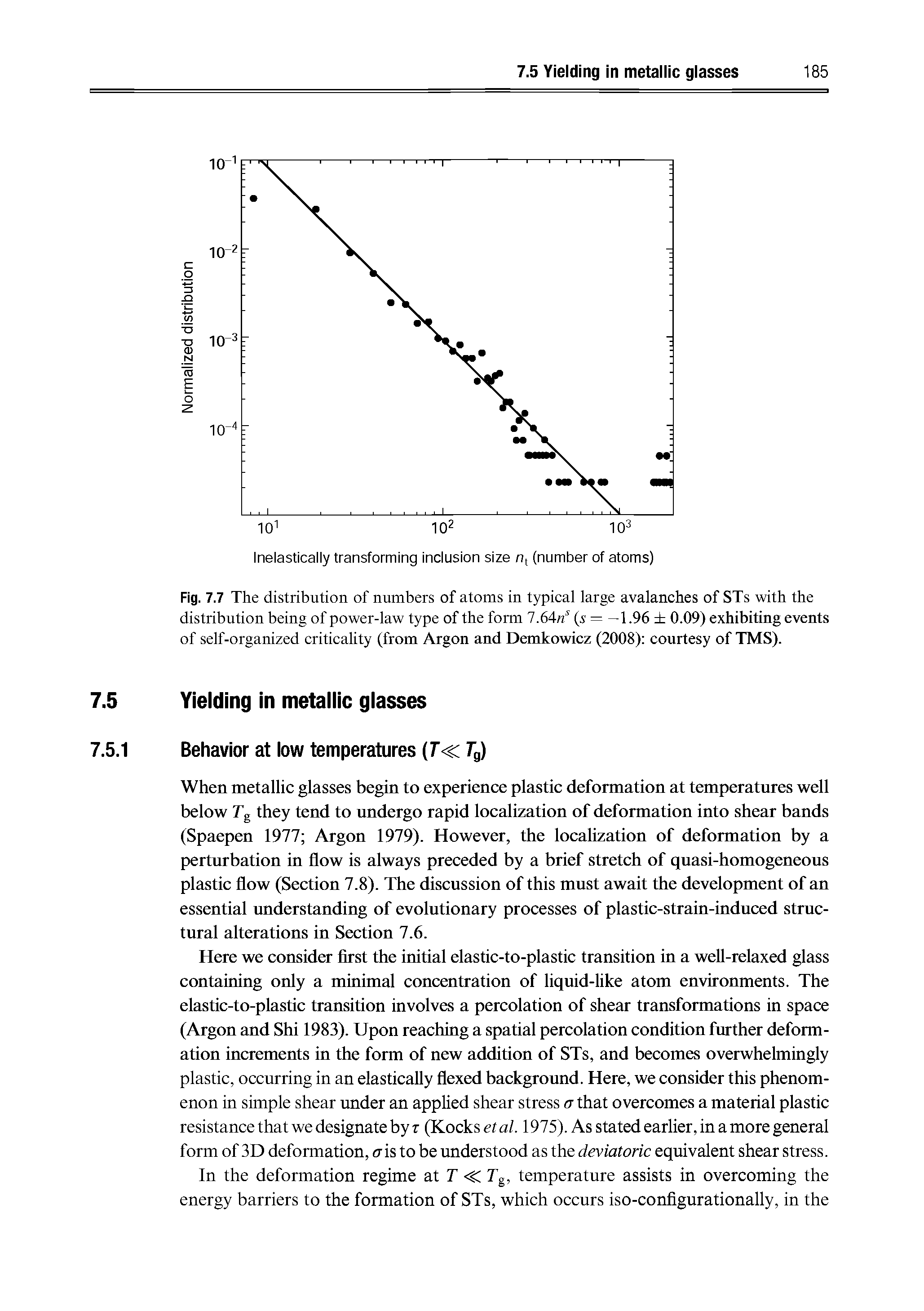 Fig. 7.7 The distribution of numbers of atoms in t rpical large avalanches of STs with the distribution being of power-law type of the form 7.64 (s = —1.96 0.09) exhibiting events of self-organized criticality (from Argon and Demkowicz (2008) courtesy of TMS).