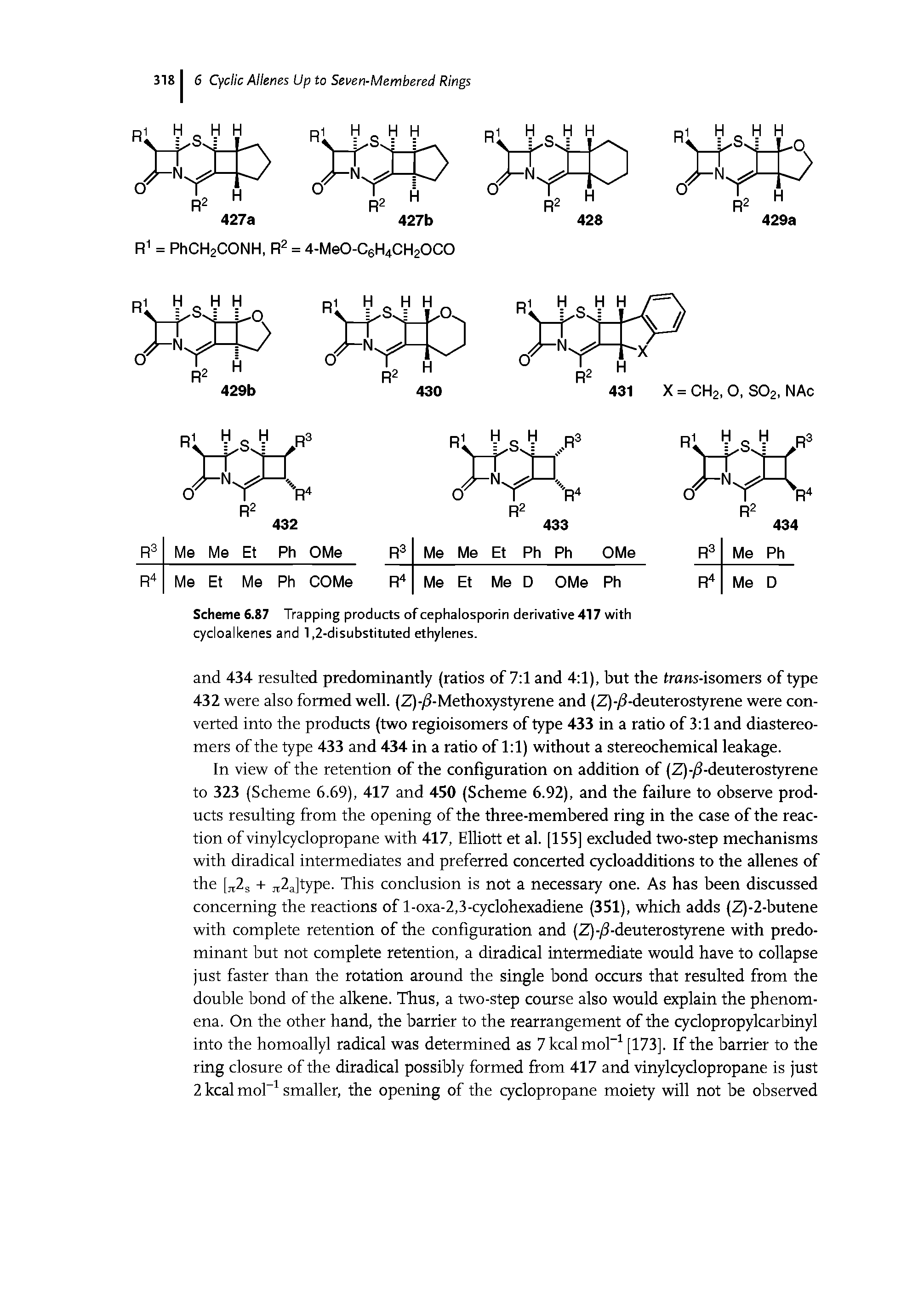 Scheme 6.87 Trapping products of cephalosporin derivative 417 with cycloalkenes and 1,2-disubstituted ethylenes.