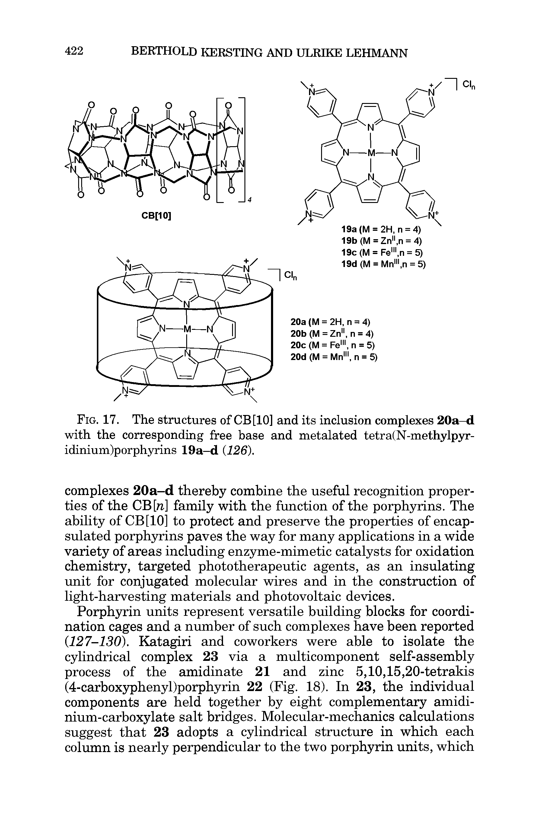 Fig. 17. The structures of CB[10] and its inclusion complexes 20a-d with the corresponding free base and metalated tetra(N-methylpyr-idinium)porphyrins 19a-d (126).
