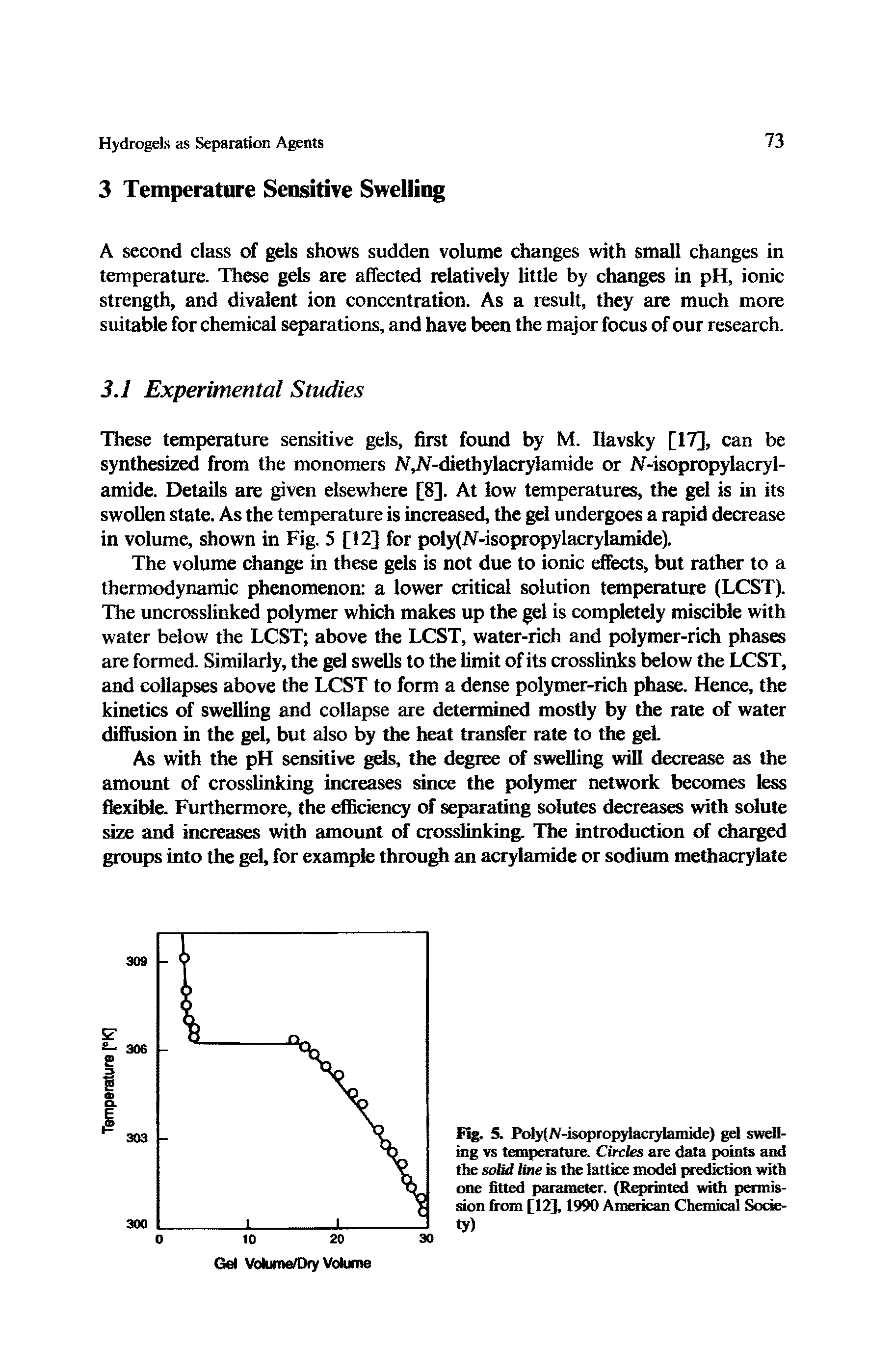 Fig. 5. Poly(A-isopropylacrylamide) gel swelling vs temperature. Circles are data points amt the solid fine is the lattice model prediction with one fitted parameter. (Reprinted with permission from [12], 1990 American Chemical Society)...
