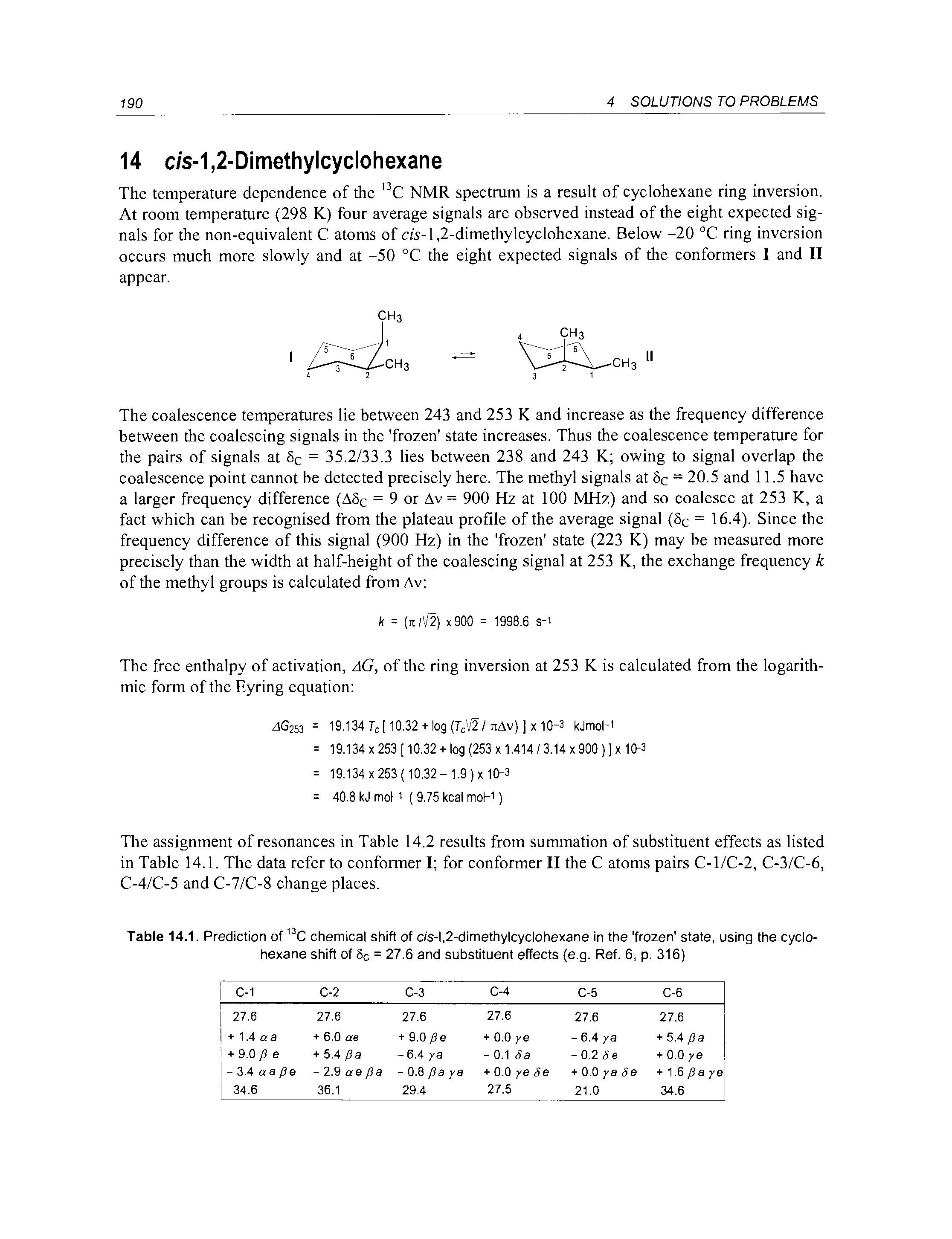 Table 14.1. Prediction of C chemical shift of c/s-l,2-dimethylcyclohexane in the frozen state, using the cyclohexane shift of 8c = 27.6 and substituent effects (e.g. Ref. 6, p. 316)...