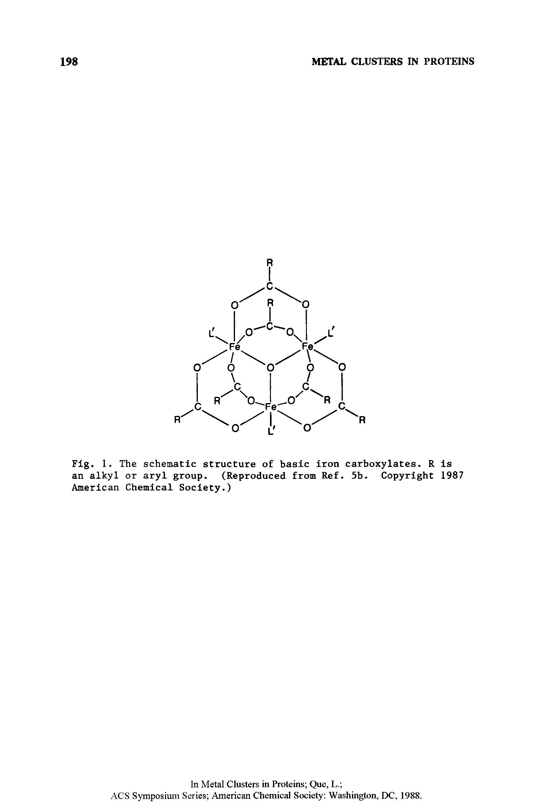 Fig. 1. The schematic structure of basic iron carboxylates. R is an alkyl or aryl group. (Reproduced from Ref. 5b. Copyright 1987 American Chemical Society.)...