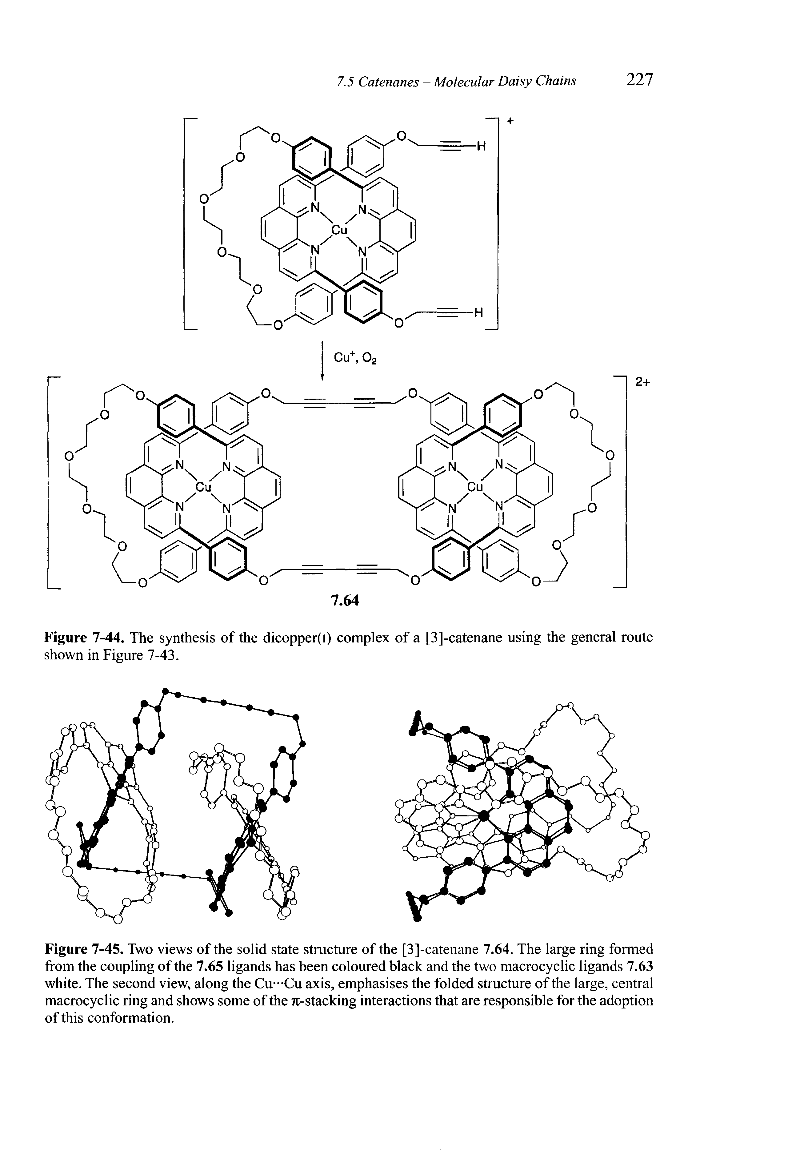 Figure 7-45. Two views of the solid state structure of the [3]-catenane 7.64. The large ring formed from the coupling of the 7.65 ligands has been coloured black and the two macrocyclic ligands 7.63 white. The second view, along the Cu—Cu axis, emphasises the folded structure of the large, central macrocyclic ring and shows some of the 7t-stacking interactions that are responsible for the adoption of this conformation.