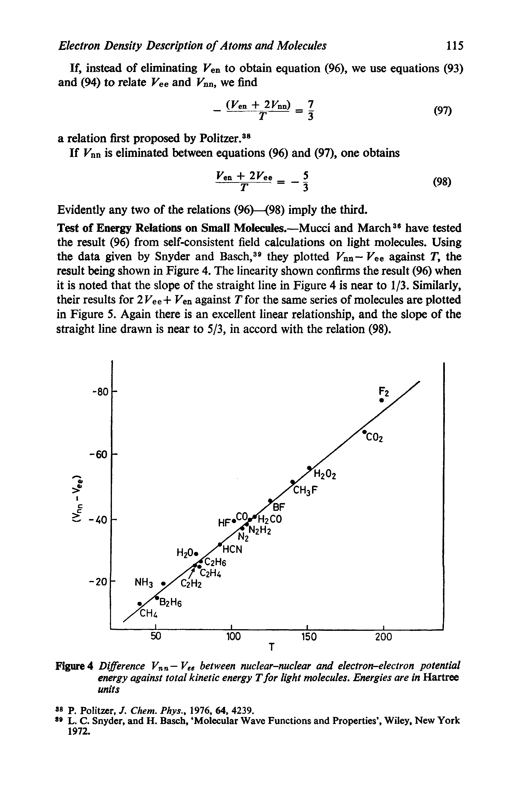 Figure 4 Difference Vnn—Vee between nuclear-nuclear and electron-electron potential energy against total kinetic energy T for light molecules. Energies are in Hartree units...