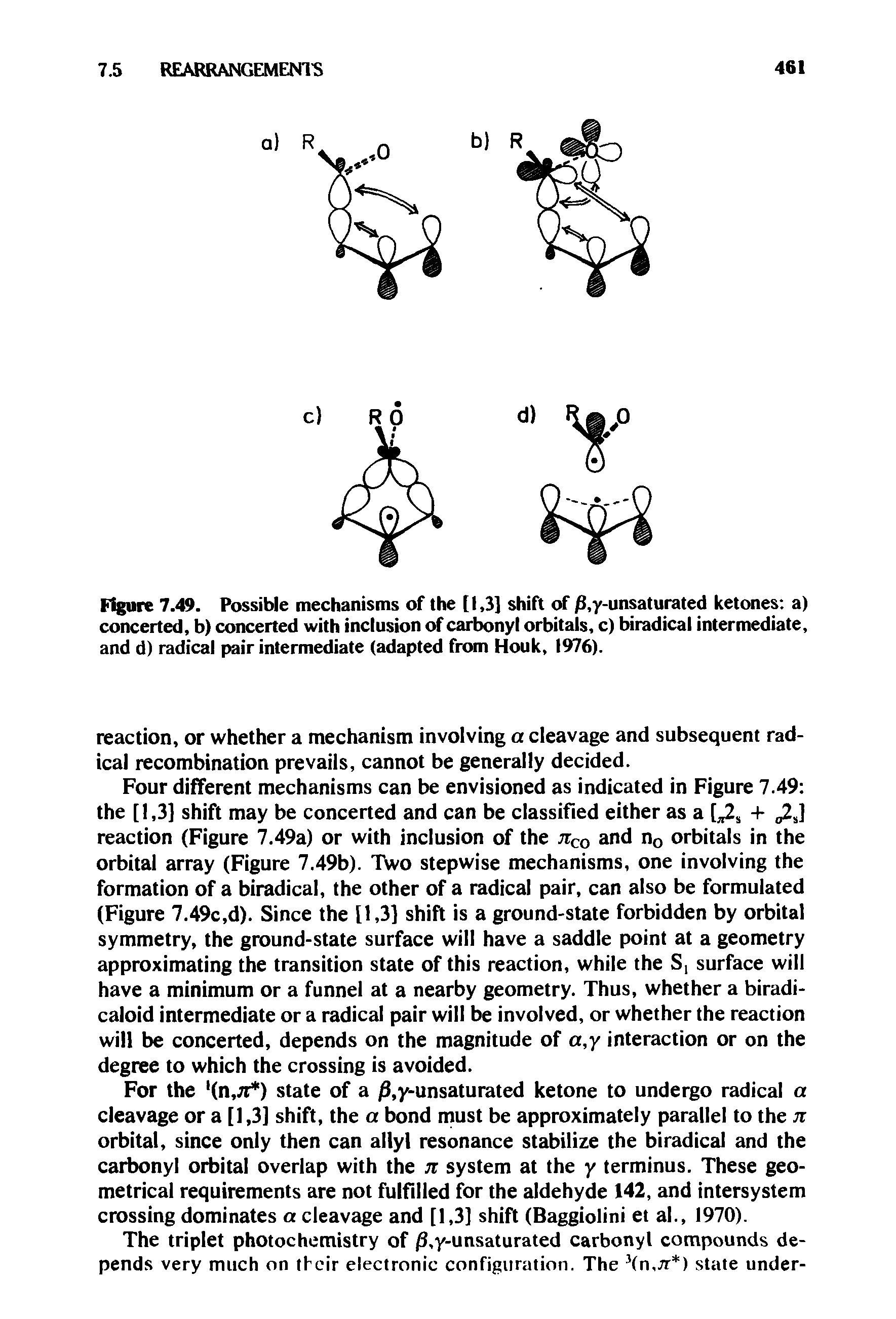 Figure 7.49. Possible mechanisms of the [1.3] shift of /3,y-unsaturated ketones a) concerted, b) concerted with inclusion of carbonyl orbitals, c) biradical intermediate, and d) radical pair intermediate (adapted from Houk, 1976).