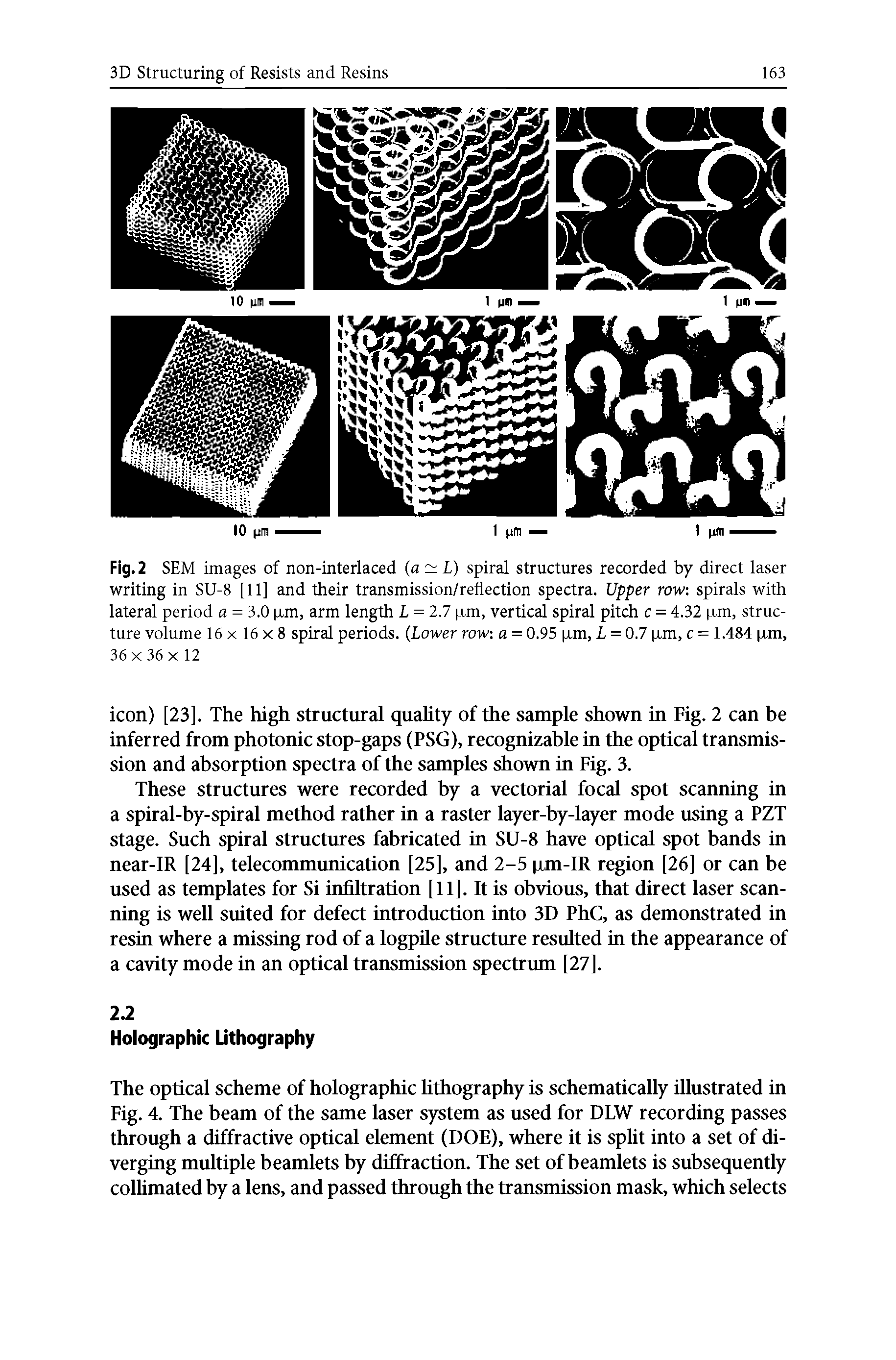 Fig. 2 SEM images of non-interlaced (a L) spiral structures recorded by direct laser writing in SU-8 [11] and their transmission/reflection spectra. Upper row spirals with lateral period a = 3.0 p.m, arm length L = 2.7 p.m, vertical spiral pitch c = 4.32 p.m, structure volume 16 X 16 X 8 spiral periods. (Lower row a = 0.95 p.m, L = 0.7 p.m, c = 1.484 jjim,...