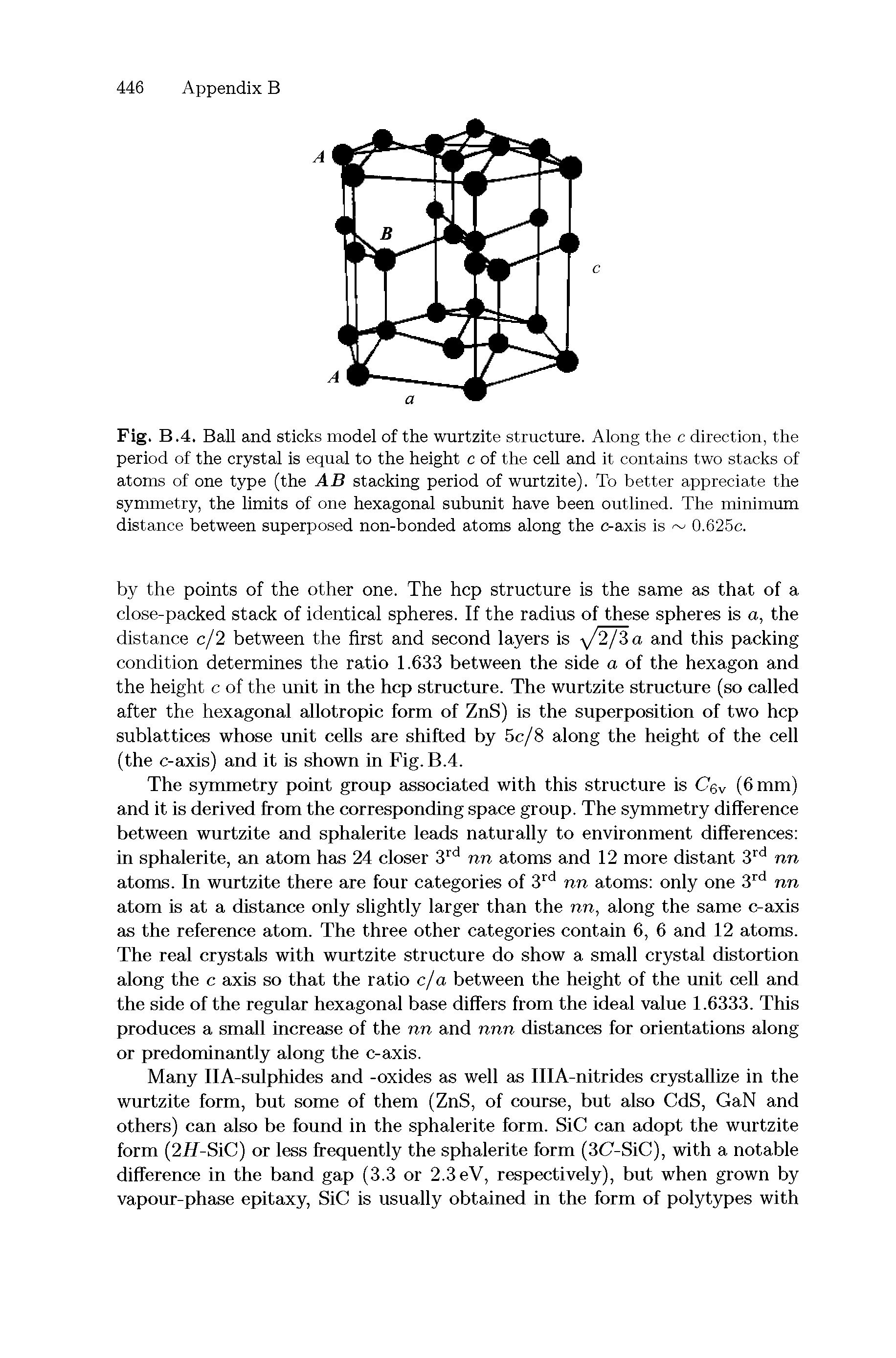 Fig. B.4. Ball and sticks model of the wurtzite structure. Along the c direction, the period of the crystal is equal to the height c of the cell and it contains two stacks of atoms of one type (the AB stacking period of wurtzite). To better appreciate the symmetry, the limits of one hexagonal subunit have been outlined. The minimum distance between superposed non-bonded atoms along the c-axis is 0.625c.