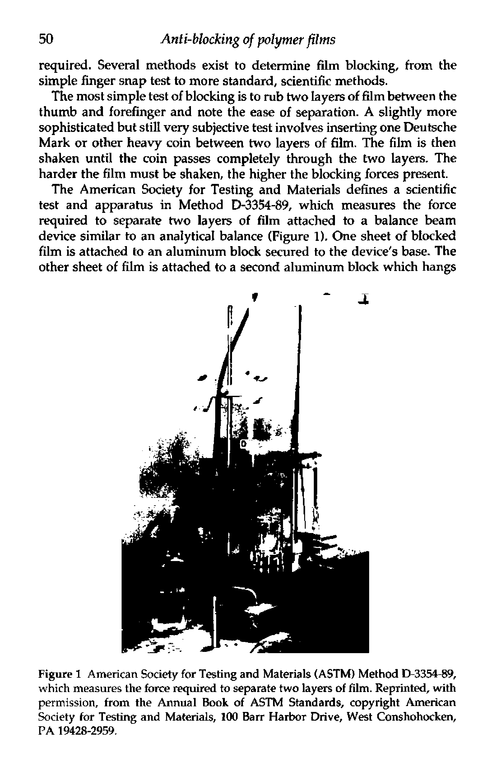 Figure 1 American Society for Testing and Materials (ASTM) Method D-3354-89, which measures the force required to separate two layers of film. Reprinted, with permission, from the Annual Book of ASTM Standards, copyright American Society for Testing and Materials, 100 Barr Harbor Drive, West Conshohocken, PA 19428-2959.