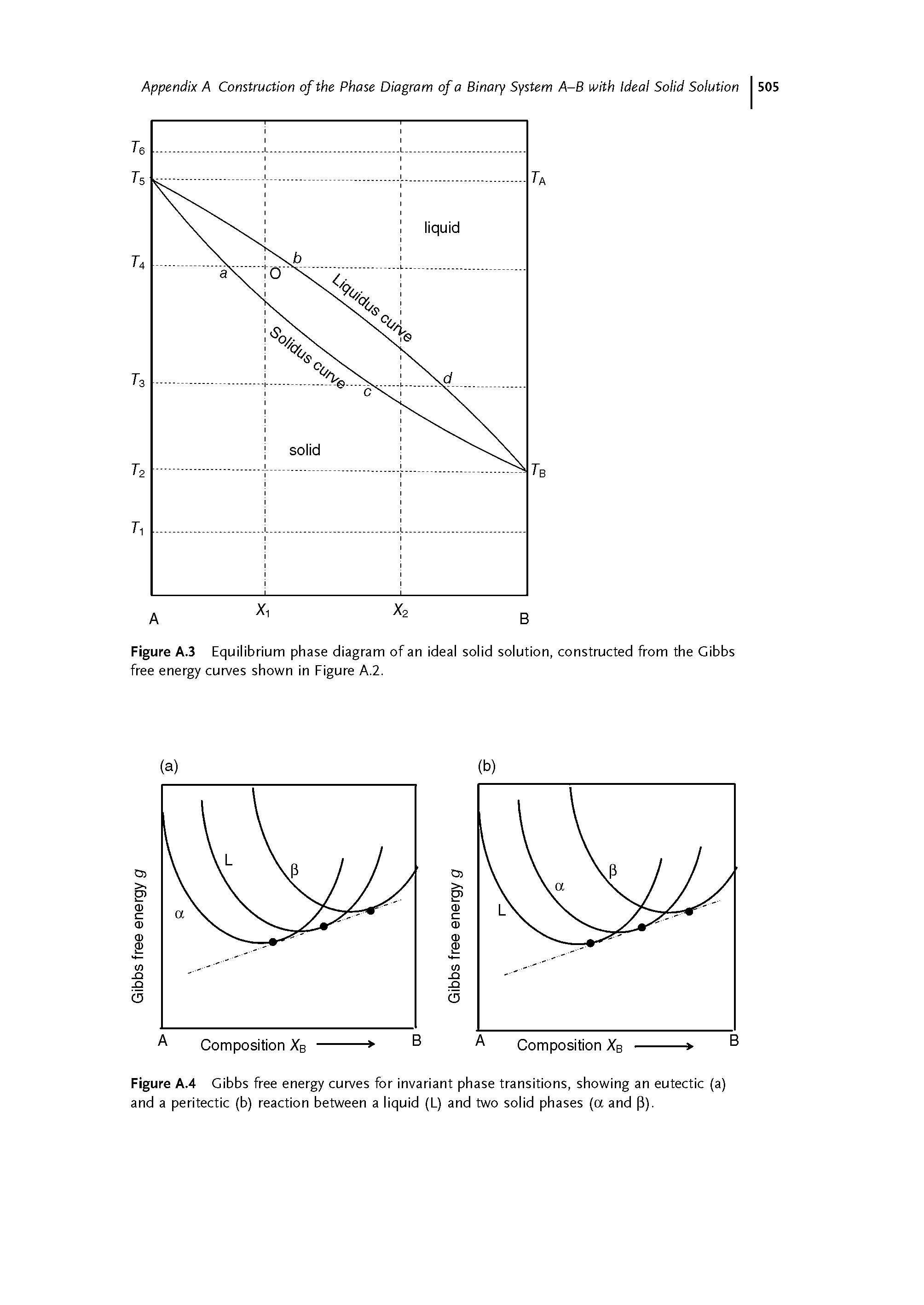 Figure A.3 Equilibrium phase diagram of an ideal solid solution, constructed from the Gibbs free energy curves shown in Figure A.2.