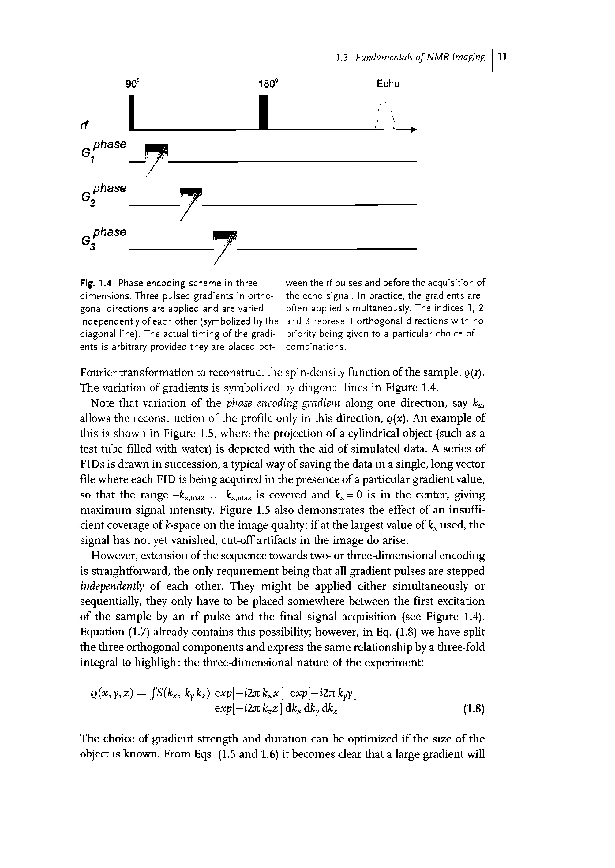 Fig. 1.4 Phase encoding scheme in three ween the rf pulses and before the acquisition of dimensions. Three pulsed gradients in ortho- the echo signal. In practice, the gradients are gonal directions are applied and are varied often applied simultaneously. The indices 1, 2 independently of each other (symbolized by the and 3 represent orthogonal directions with no diagonal line). The actual timing of the gradi- priority being given to a particular choice of ents is arbitrary provided they are placed bet- combinations.