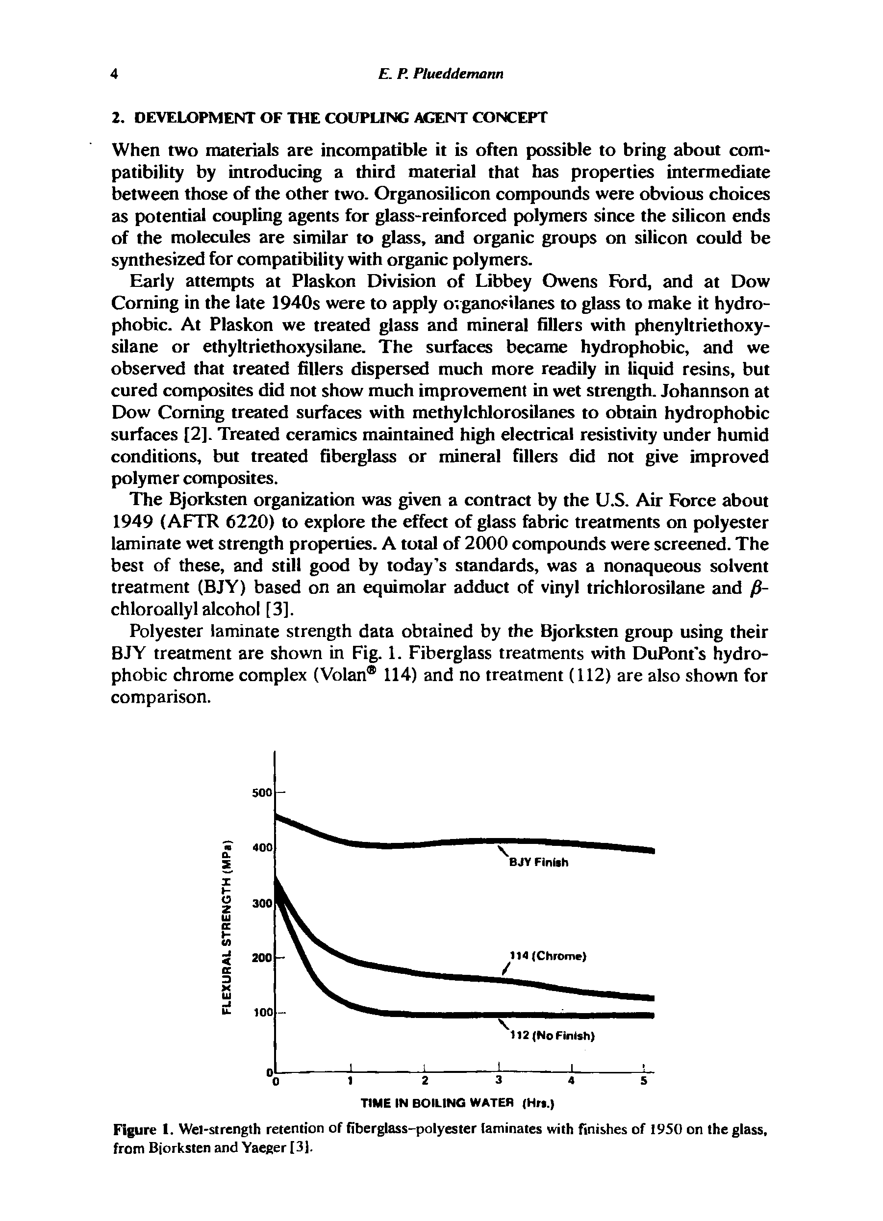 Figure 1. Wel-strength retention of fiberglass-polyester laminates with finishes of 1950 on the glass, from Bjorksten and Yaeger [3].