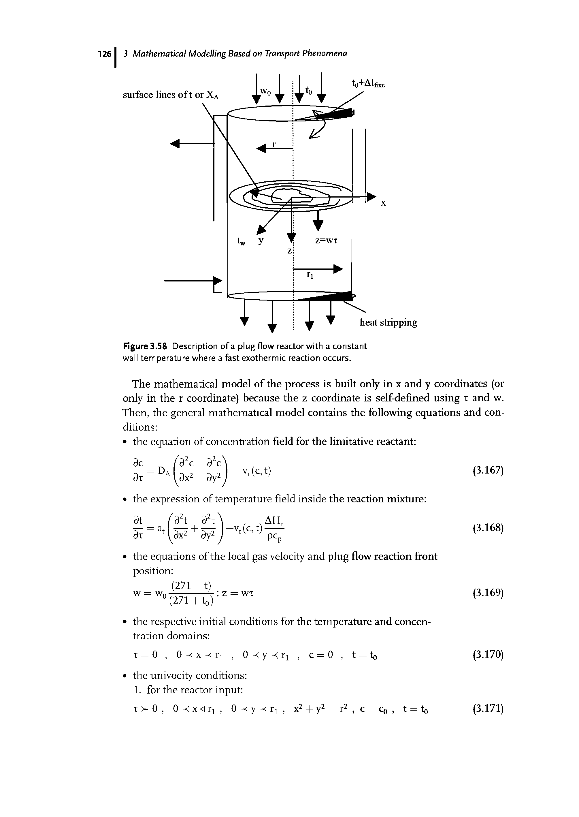 Figure 3.58 Description of a plug flow reactor with a constant wall temperature where a fast exothermic reaction occurs.