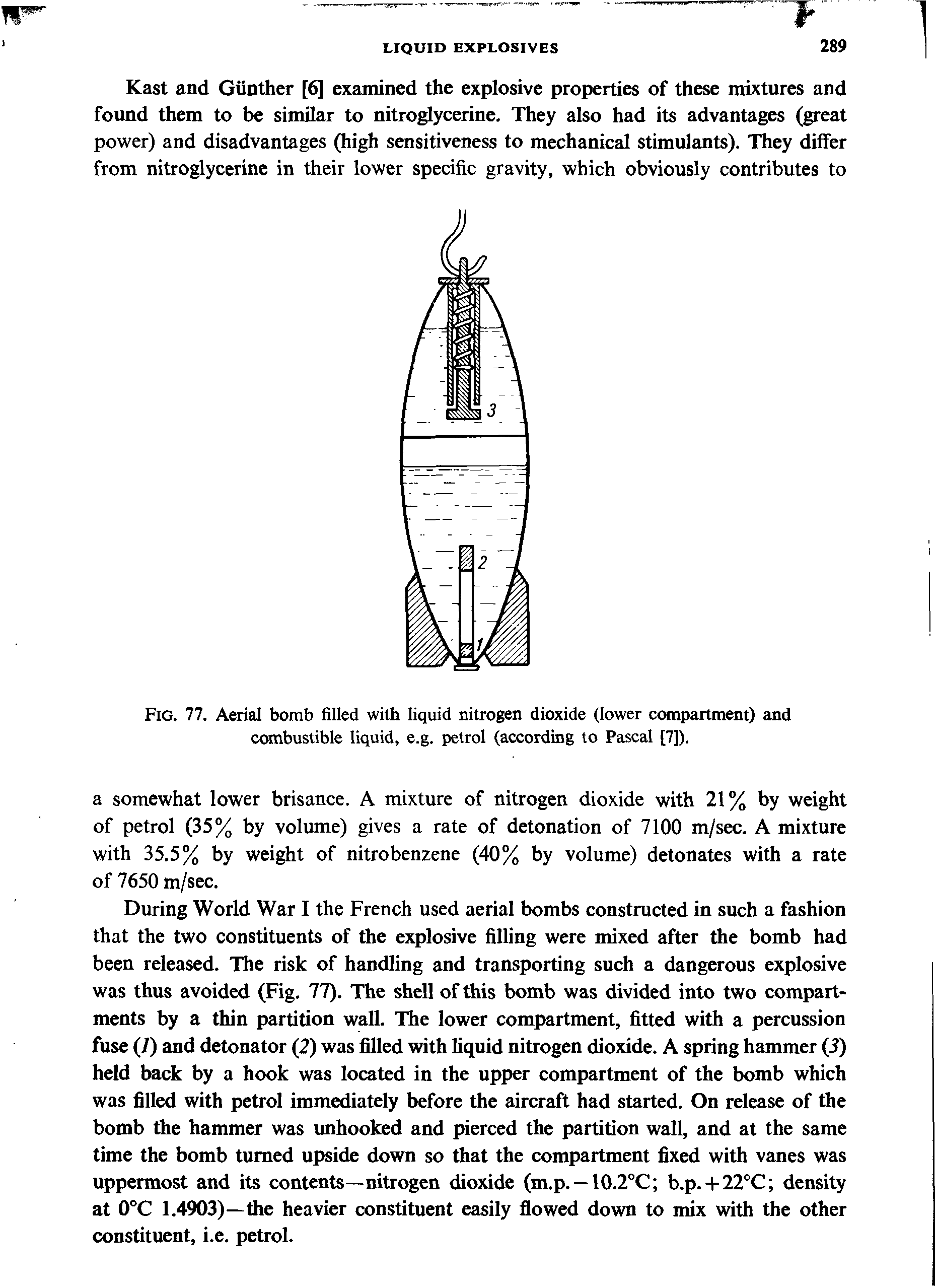 Fig. 77. Aerial bomb filled with liquid nitrogen dioxide (lower compartment) and combustible liquid, e.g. petrol (according to Pascal [7]).