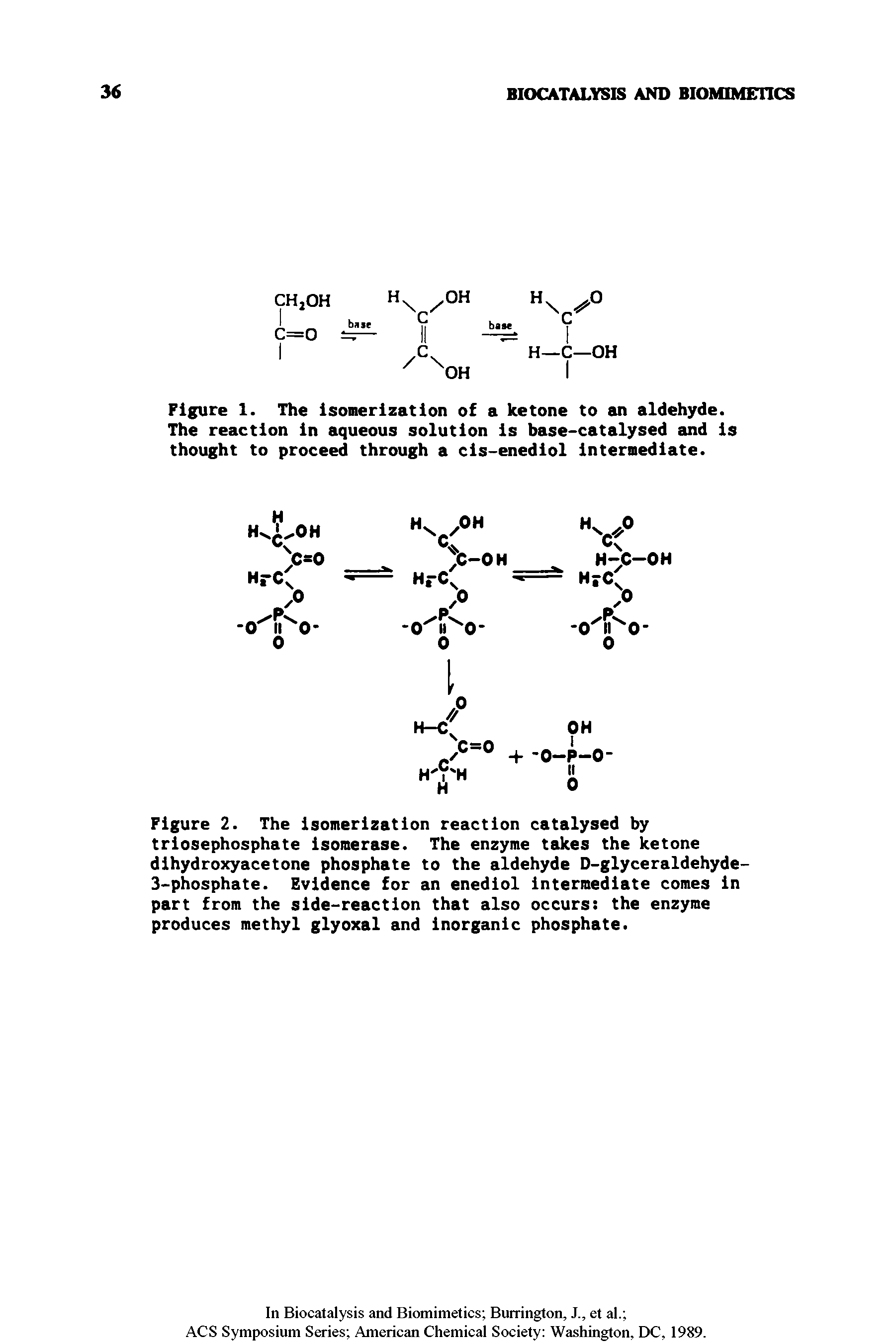 Figure 2. The isomerization reaction catalysed by triosephosphate isomerase. The enzyme takes the ketone dihydroxyacetone phosphate to the aldehyde D-glyceraldehyde-3-phosphate. Evidence for an enediol intermediate comes in part from the side-reaction that also occurs the enzyme produces methyl glyoxal and inorganic phosphate.