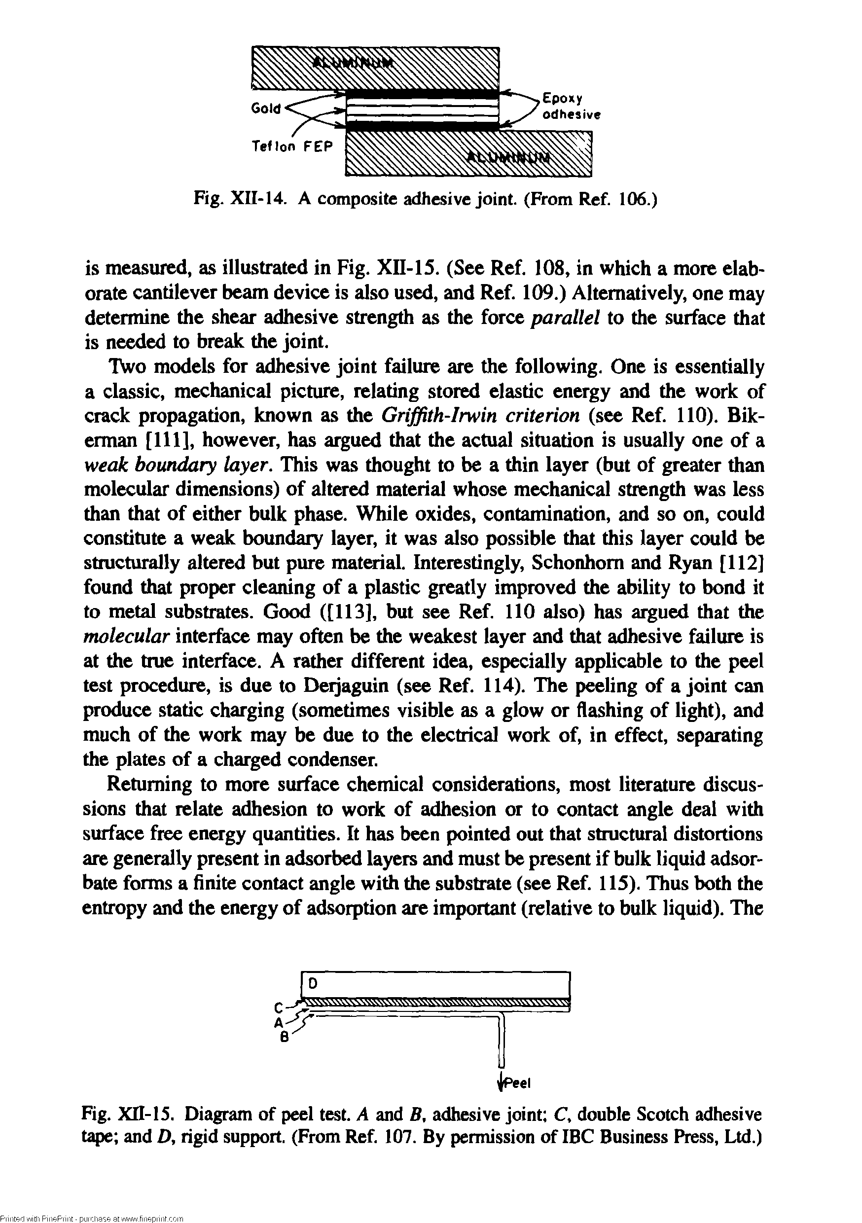 Fig. XII-15. Diagram of peel test. A and B, adhesive joint C, double Scotch adhesive tape and D, rigid support. (From Ref. 107. By permission of IBC Business Press, Ltd.)...
