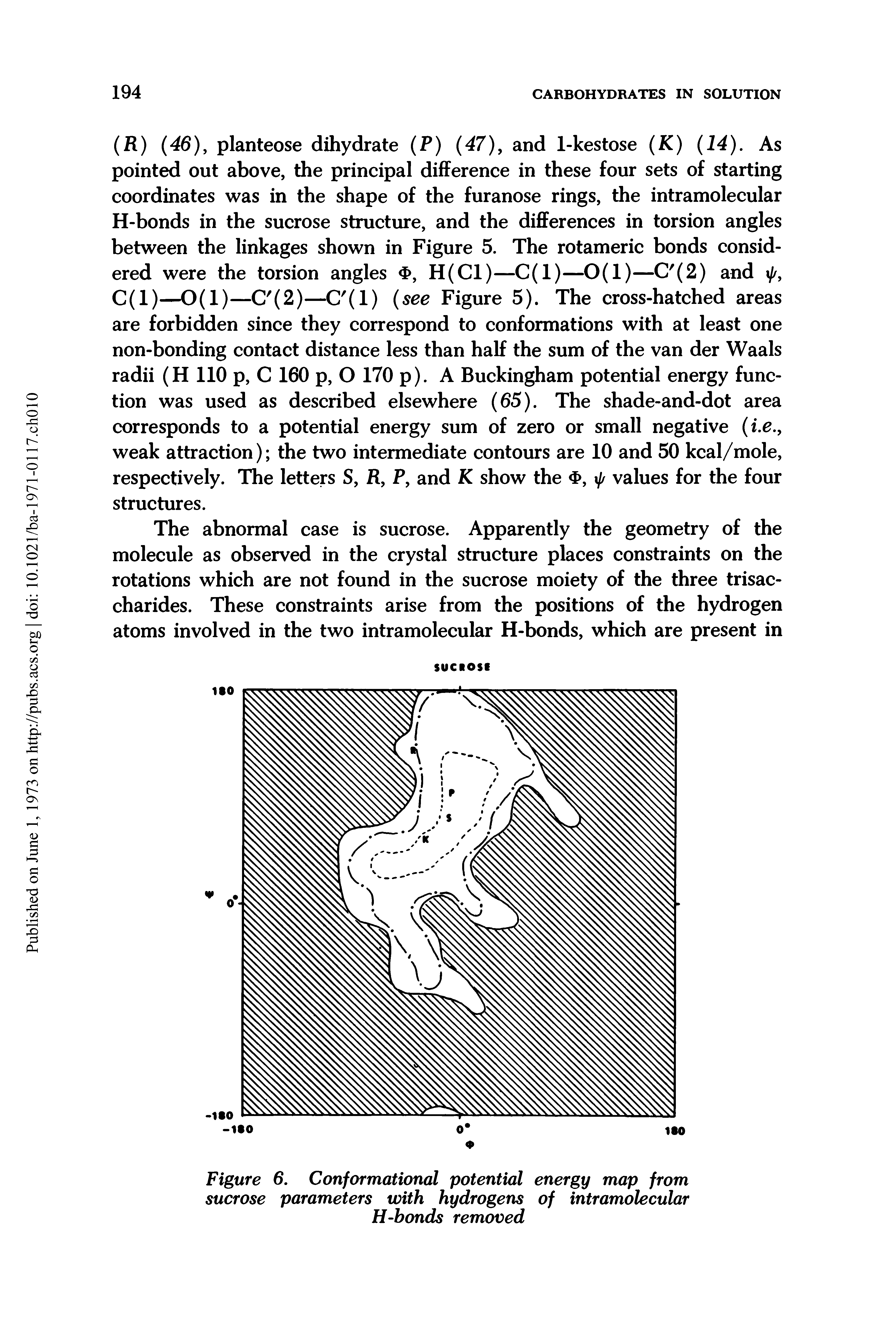 Figure 6. Conformational potential energy map from sucrose parameters with hydrogens of intramolecular H-bonds removed...