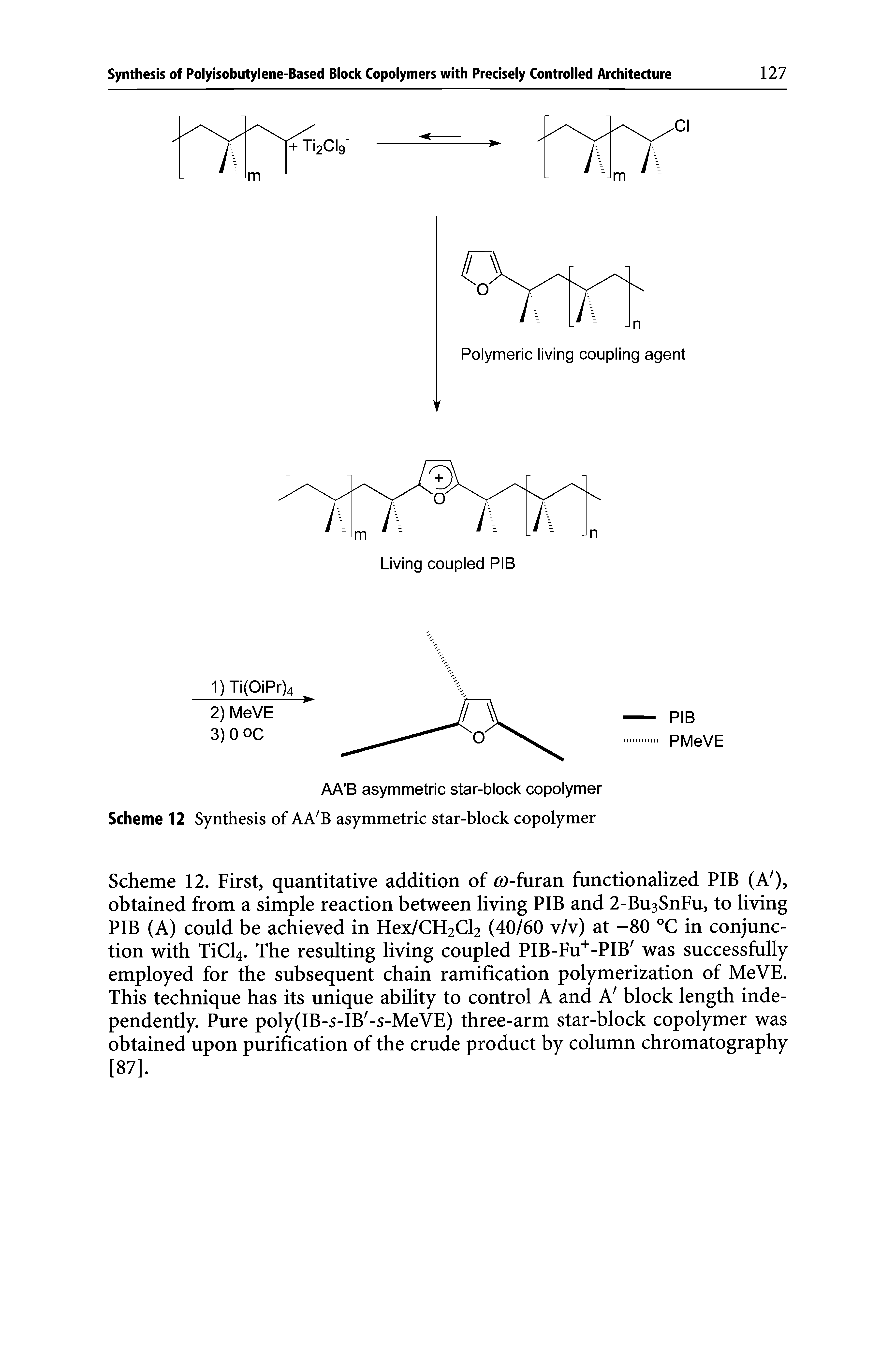 Scheme 12. First, quantitative addition of to-furan functionalized PIB (A ), obtained from a simple reaction between living PIB and 2-BusSnFu, to living PIB (A) could be achieved in Hex/CH2Cl2 (40/60 v/v) at -80 °C in conjunction with TiCl4. The resulting living coupled PIB-Fu+-PIB was successfully employed for the subsequent chain ramification polymerization of MeVE. This technique has its unique ability to control A and A block length independently. Pure poly(IB-s-IB -s-MeVE) three-arm star-block copolymer was obtained upon purification of the crude product by column chromatography [87].