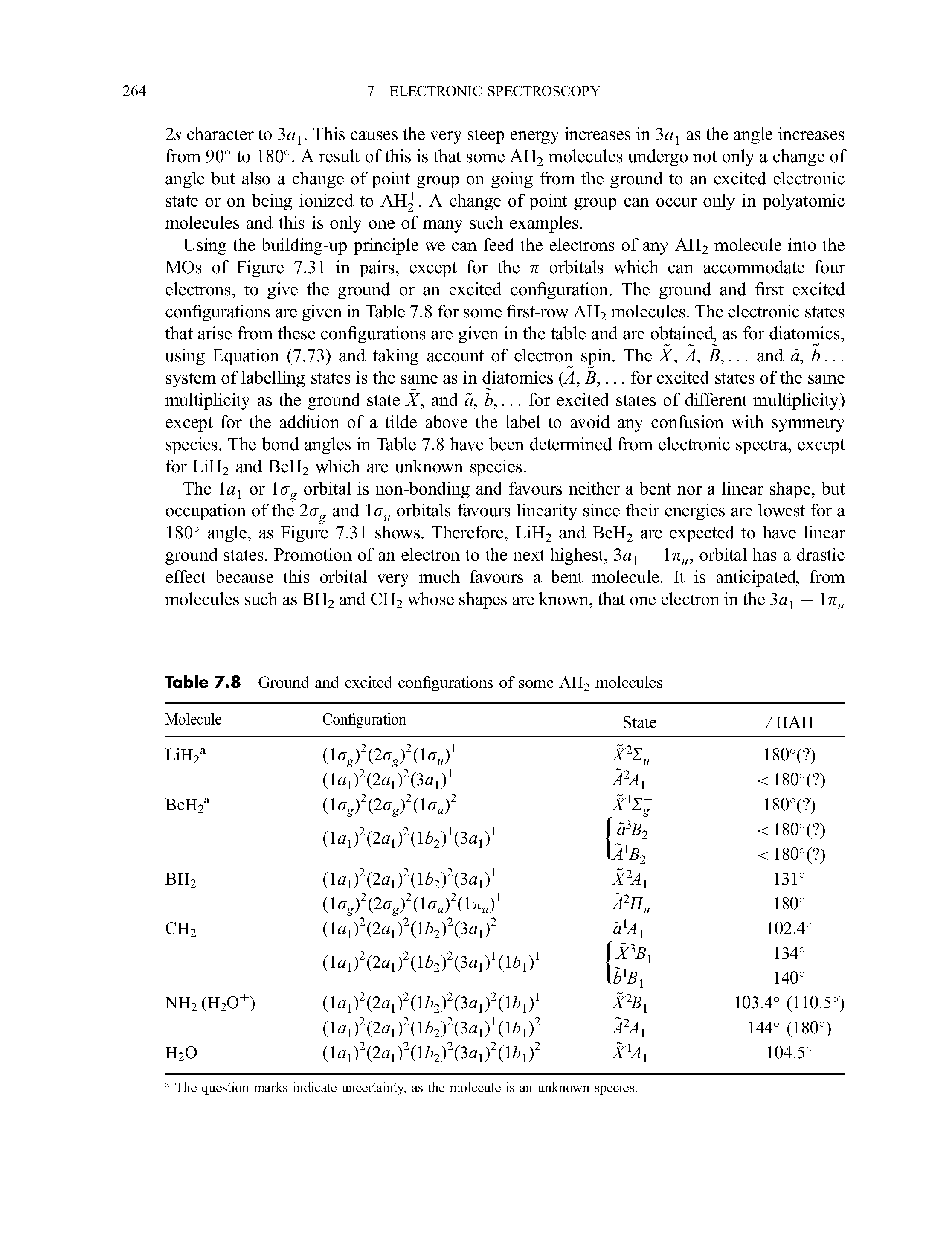 Table 7.8 Ground and excited configurations of some AH2 molecules...