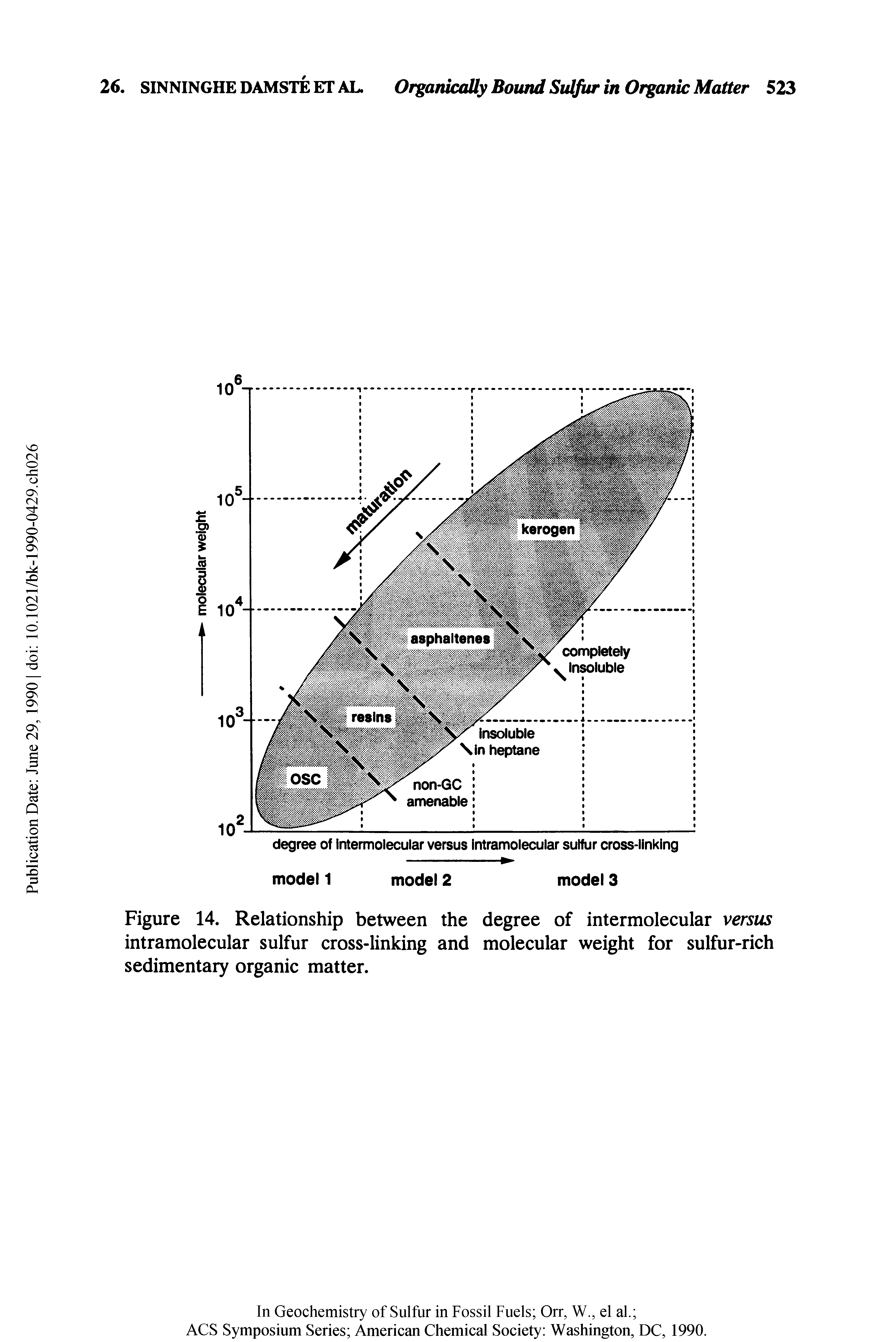 Figure 14. Relationship between the degree of intermolecular versus intramolecular sulfur cross-linking and molecular weight for sulfur-rich sedimentary organic matter.