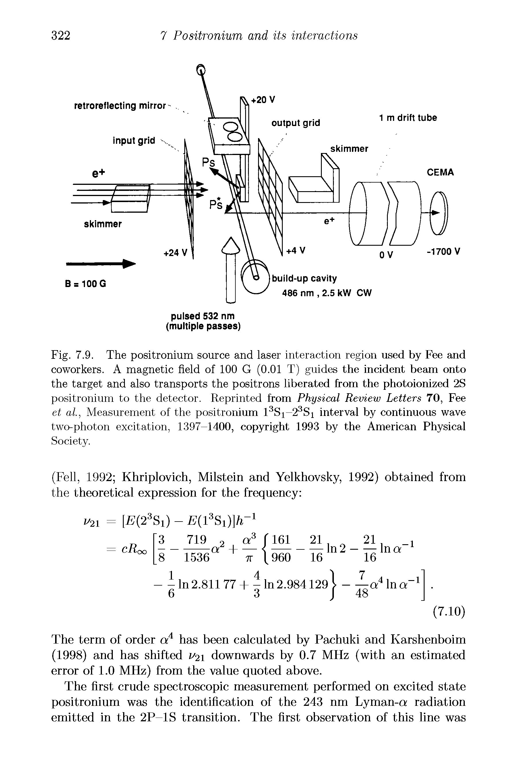 Fig. 7.9. The positronium source and laser interaction region used by Fee and coworkers. A magnetic field of 100 G (0.01 T) guides the incident beam onto the target and also transports the positrons liberated from the photoionized 2S positronium to the detector. Reprinted from Physical Review Letters 70, Fee et al, Measurement of the positronium 13Si-23Si interval by continuous wave two-photon excitation, 1397-1400, copyright 1993 by the American Physical Society.