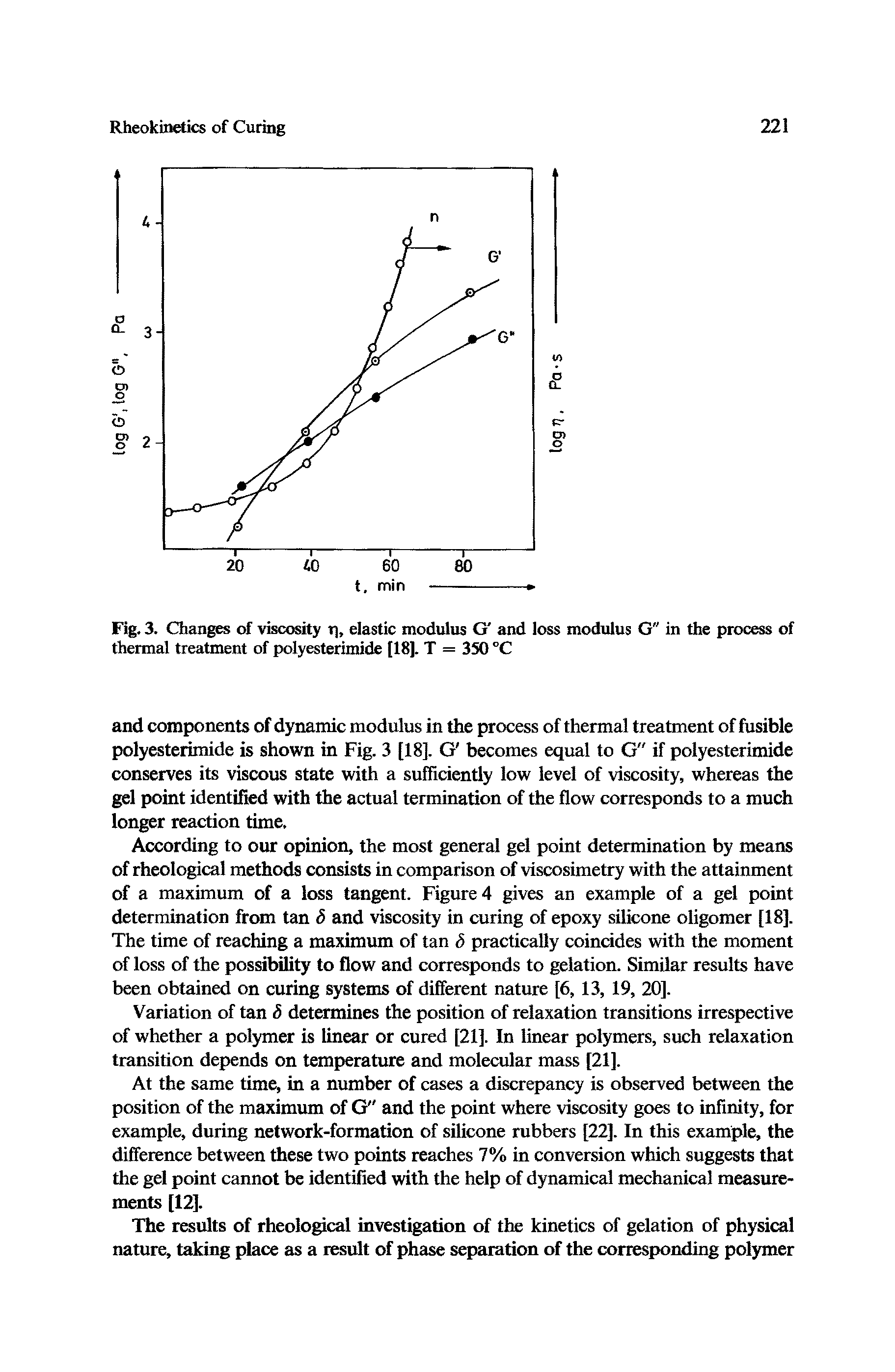 Fig. 3. Changes of viscosity t, elastic modulus G and loss modulus G" in the proc of thermal treatment of polyesterimide [18]. T = 350 °C...