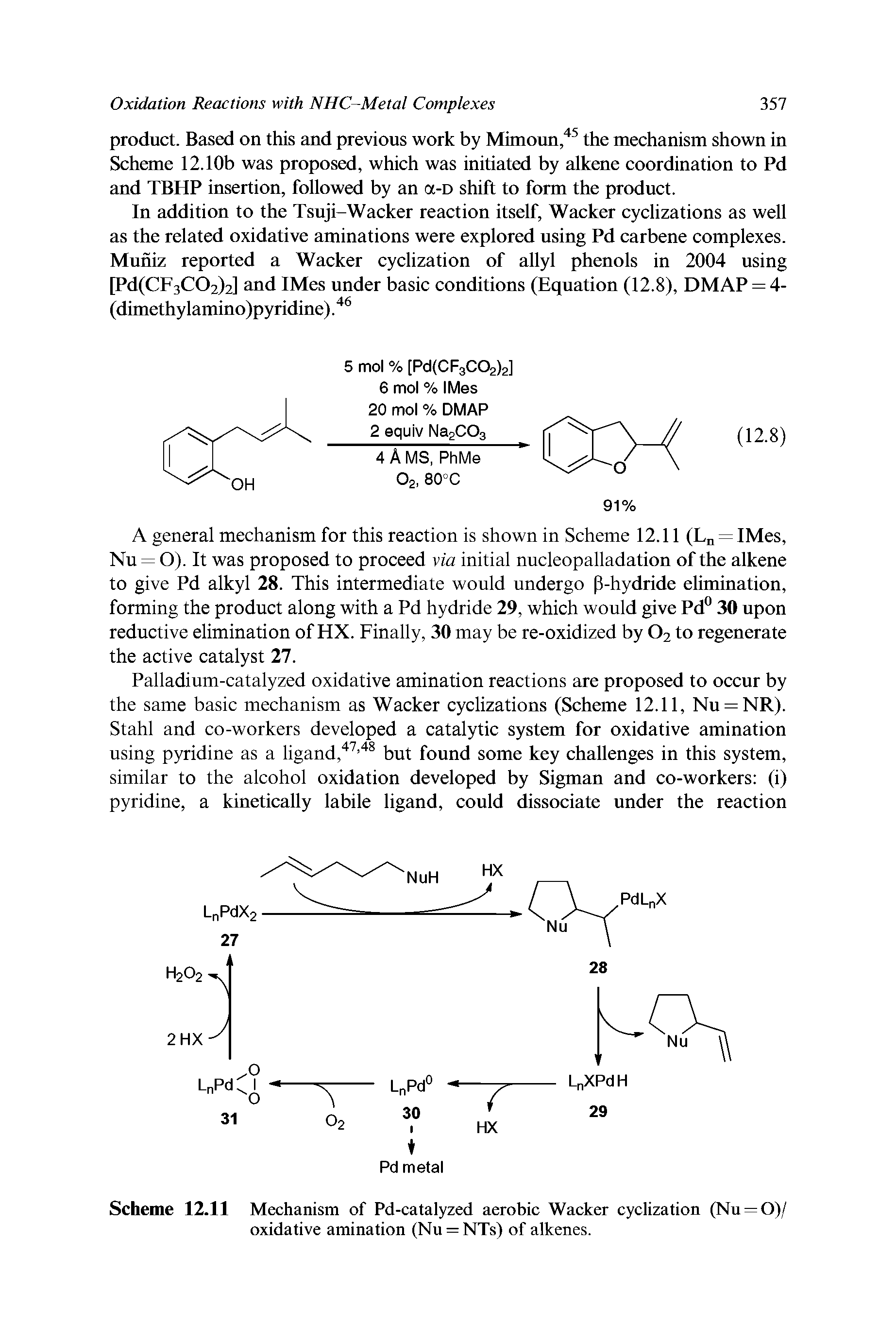 Scheme 12.11 Mechanism of Pd-catalyzed aerobic Waeker cyclization (Nu = 0)/ oxidative amination (Nu = NTs) of alkenes.