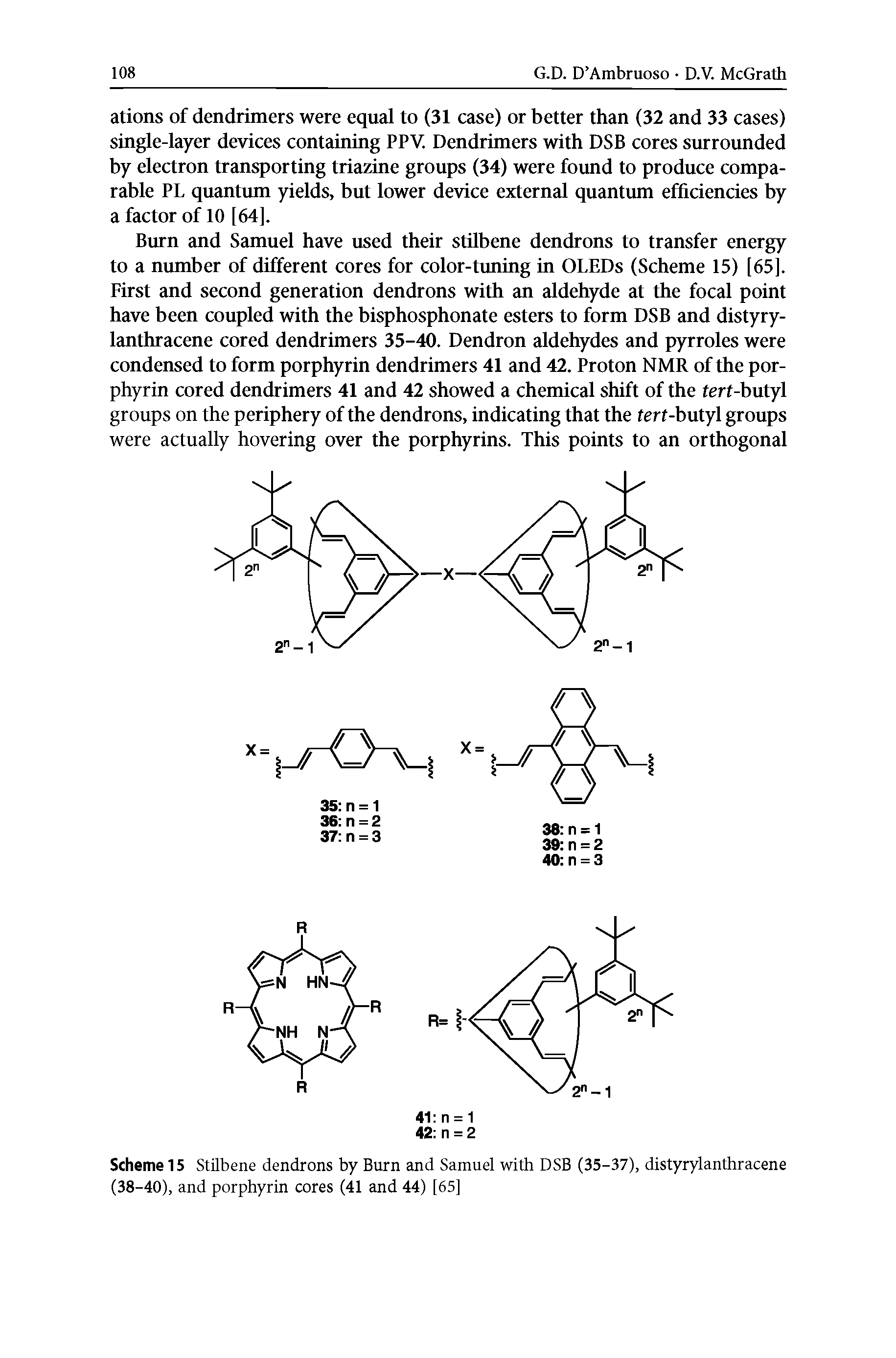 Scheme 15 Stilbene dendrons by Burn and Samuel with DSB (35-37), distyrylanthracene (38-40), and porphyrin cores (41 and 44) [65]...
