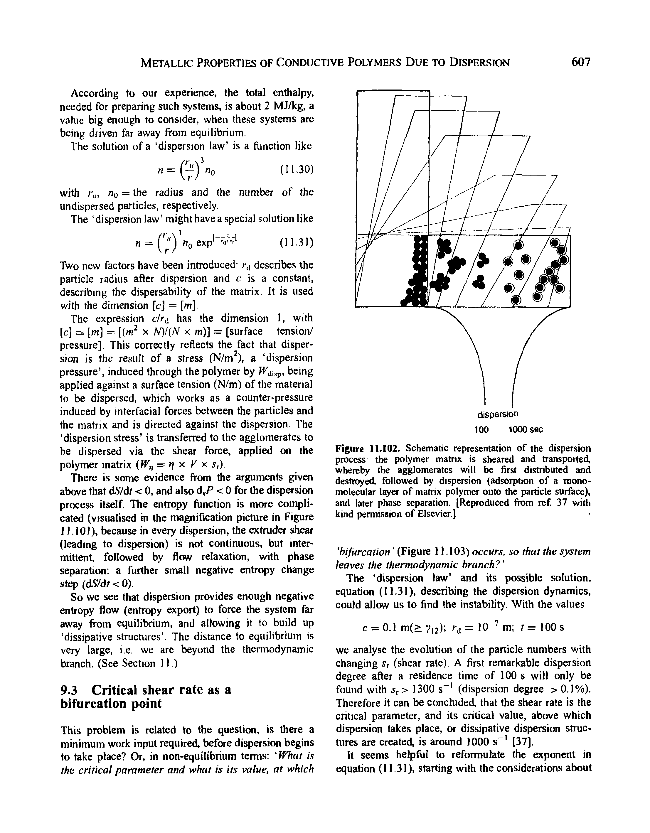 Figure 11.102. Schematic representation of the dispersion process the polymer matrix is sheared and transported, whereby the agglomerates will be first distributed and destroyed, followed by dispersion (adsorption of a mono-molecular layer of matrix polymer onto the particle surface), and later phase separation. [Reproduced fiom ref 37 with kind permission of Elsevier.]...