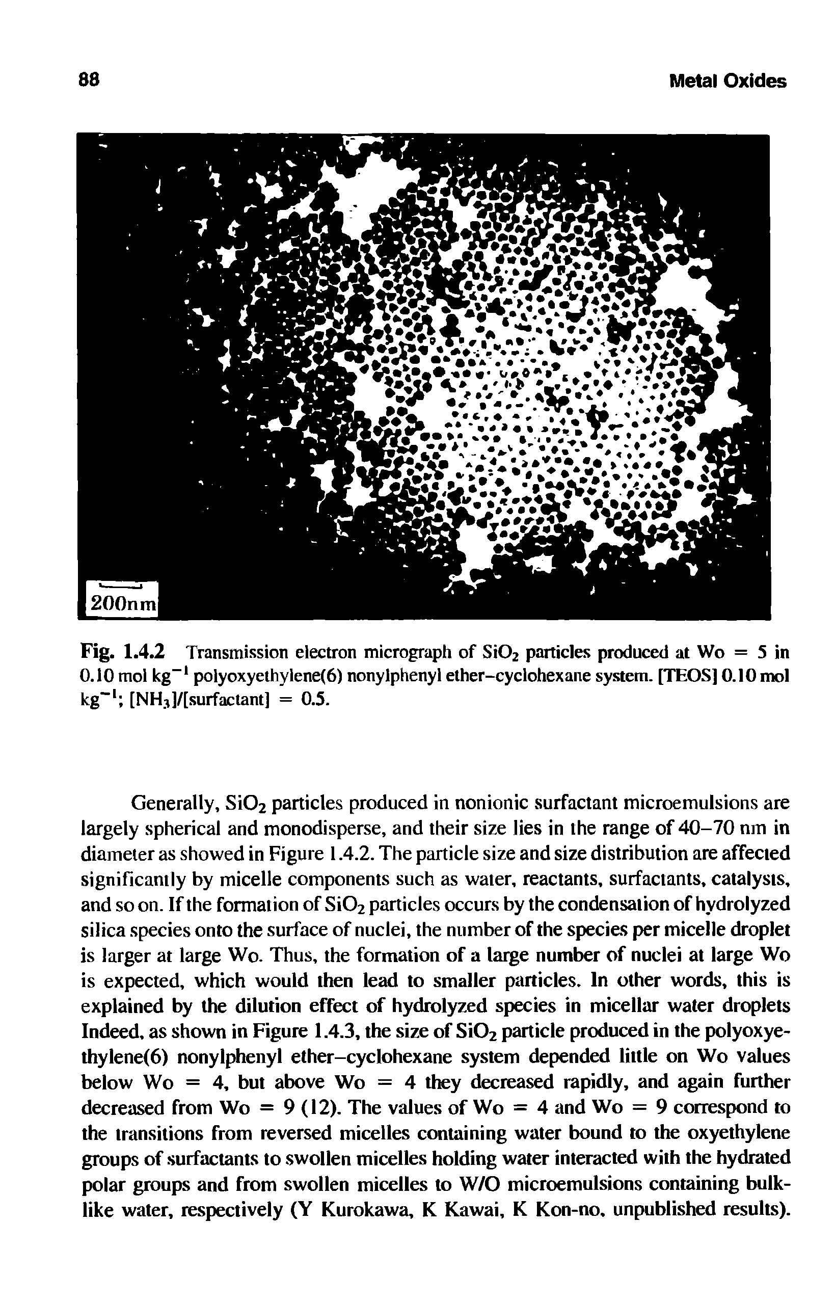 Fig. 1.4.2 Transmission electron micrograph of Si02 particles produced at Wo = 5 in 0.10 mol kg-1 polyoxyethylene(6) nonylphenyl ether-cyclohexane system. [TEOS] 0.10 mol kg-1 [NH3]/[surfactant] = 0.5.