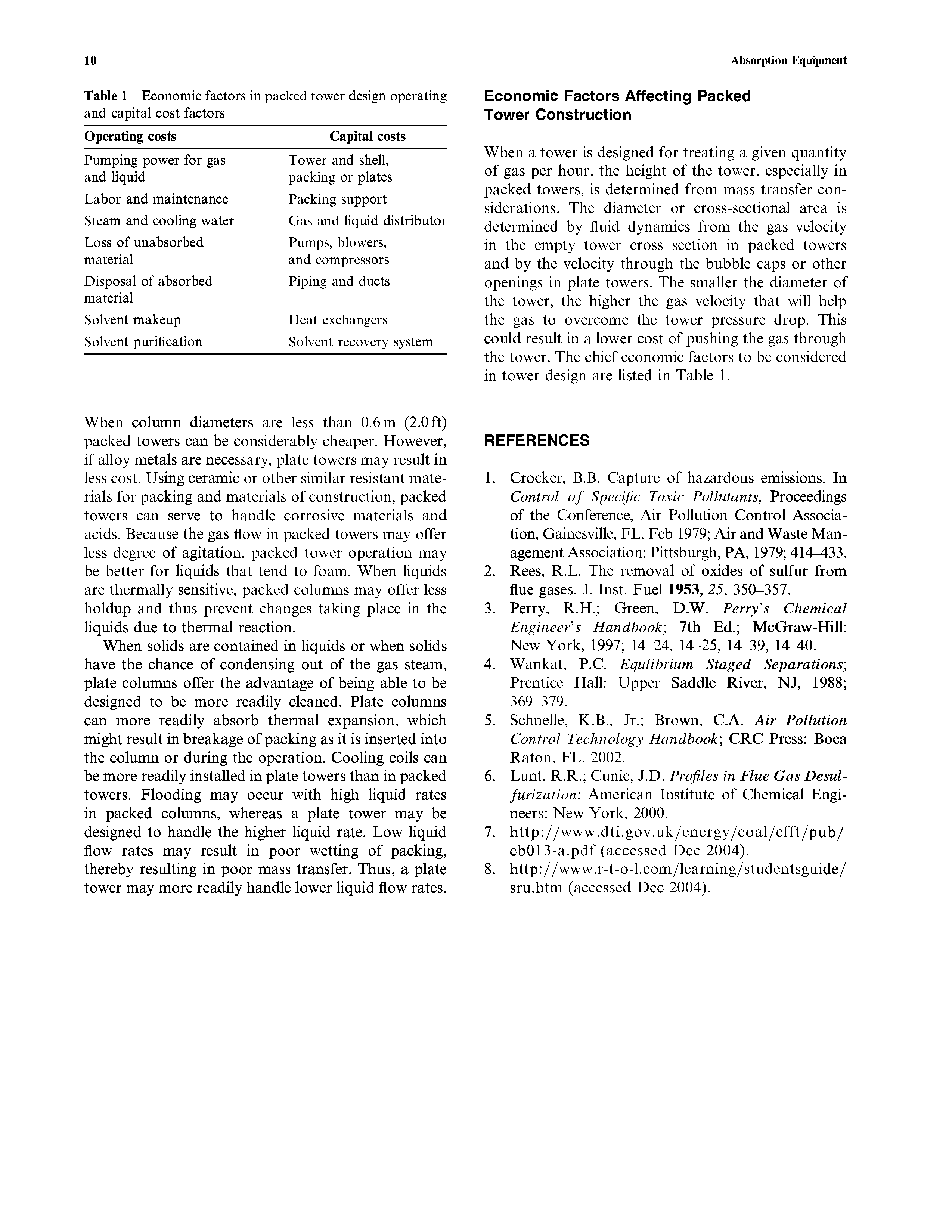Table 1 Economic factors in packed tower design operating and capital cost factors...