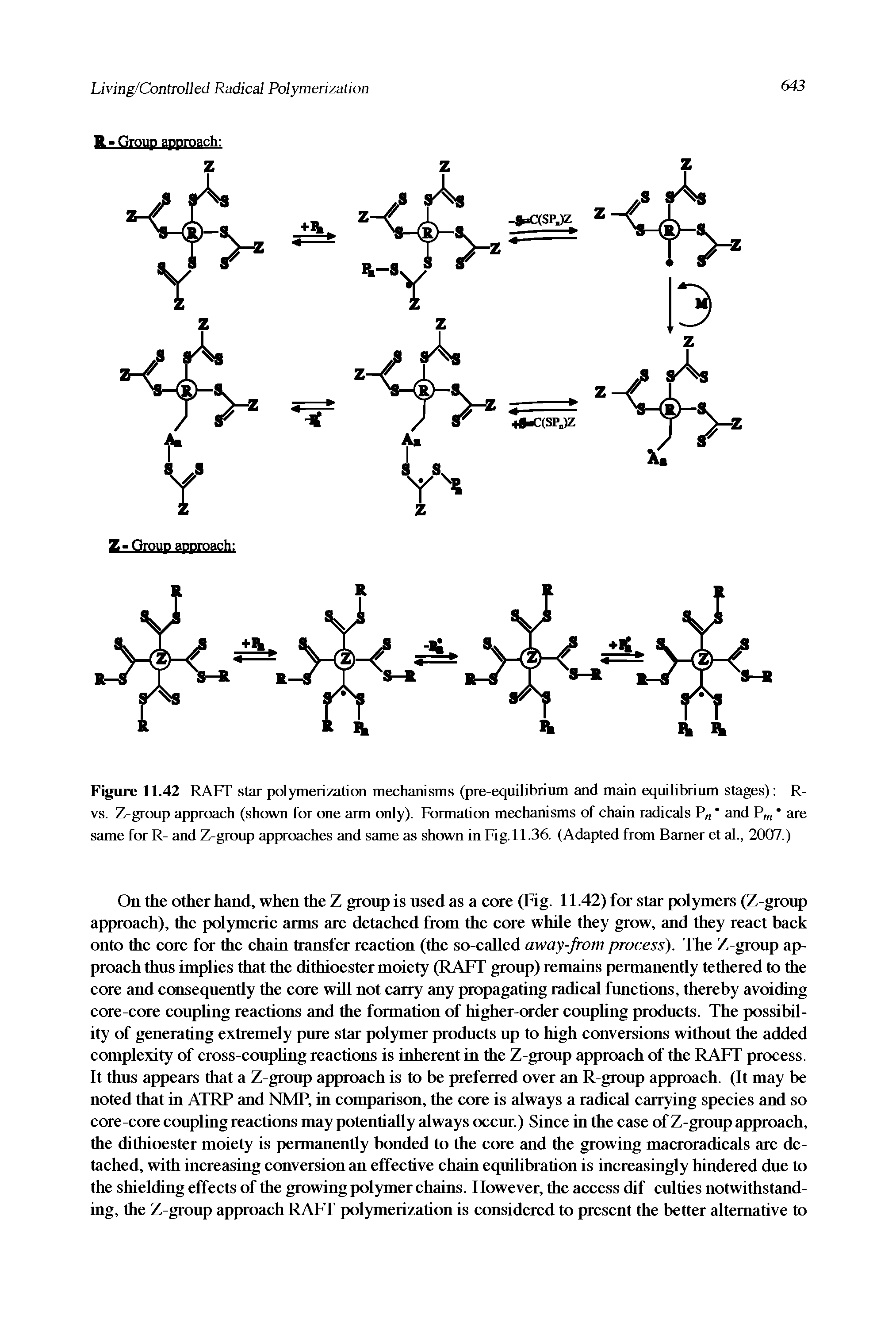 Figure 11.42 RAFT star polymerization mechanisms (pre-equilibrium and main equilibrium stages) R-vs. Z-group approach (shown for one arm only). Formation mechanisms of chain radicals P and are same for R- and Z-group approaches and same as shown in Fig.11.36. (Adapted from Earner et al., 2007.)...