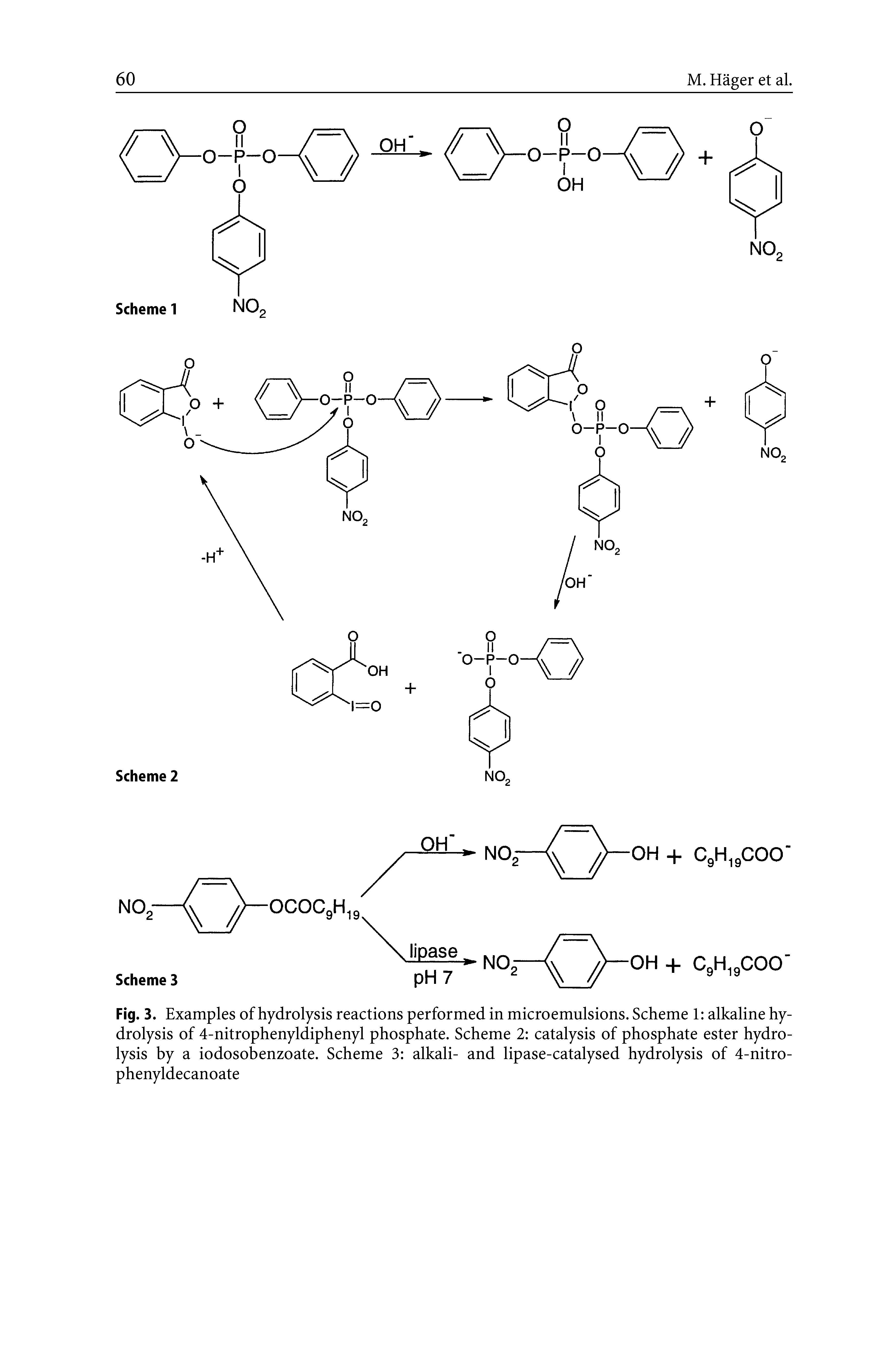 Fig. 3. Examples of hydrolysis reactions performed in microemulsions. Scheme 1 alkaline hydrolysis of 4-nitrophenyldiphenyl phosphate. Scheme 2 catalysis of phosphate ester hydrolysis by a iodosobenzoate. Scheme 3 alkali- and lipase-catalysed hydrolysis of 4-nitro-phenyldecanoate...