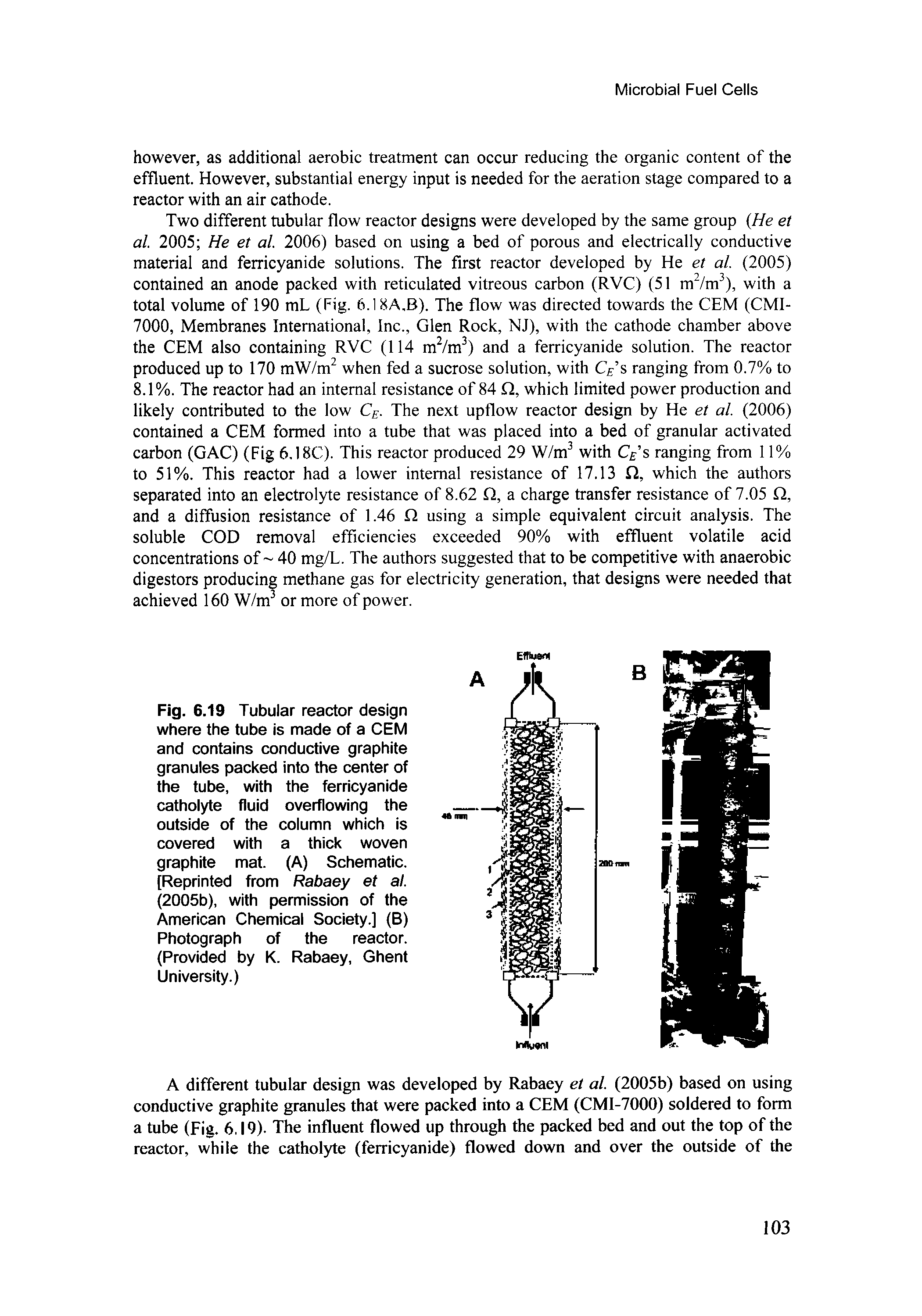 Fig. 6.19 Tubular reactor design where the tube is made of a CEM and contains conductive graphite granules packed into the center of the tube, with the ferricyanide cathoiyte fluid overflowing the outside of the column which is covered with a thick woven graphite mat. (A) Schematic. [Reprinted from Rabaey et al. (2005b), with permission of the American Chemicai Society.] (B) Photograph of the reactor. (Provided by K. Rabaey, Ghent University.)...