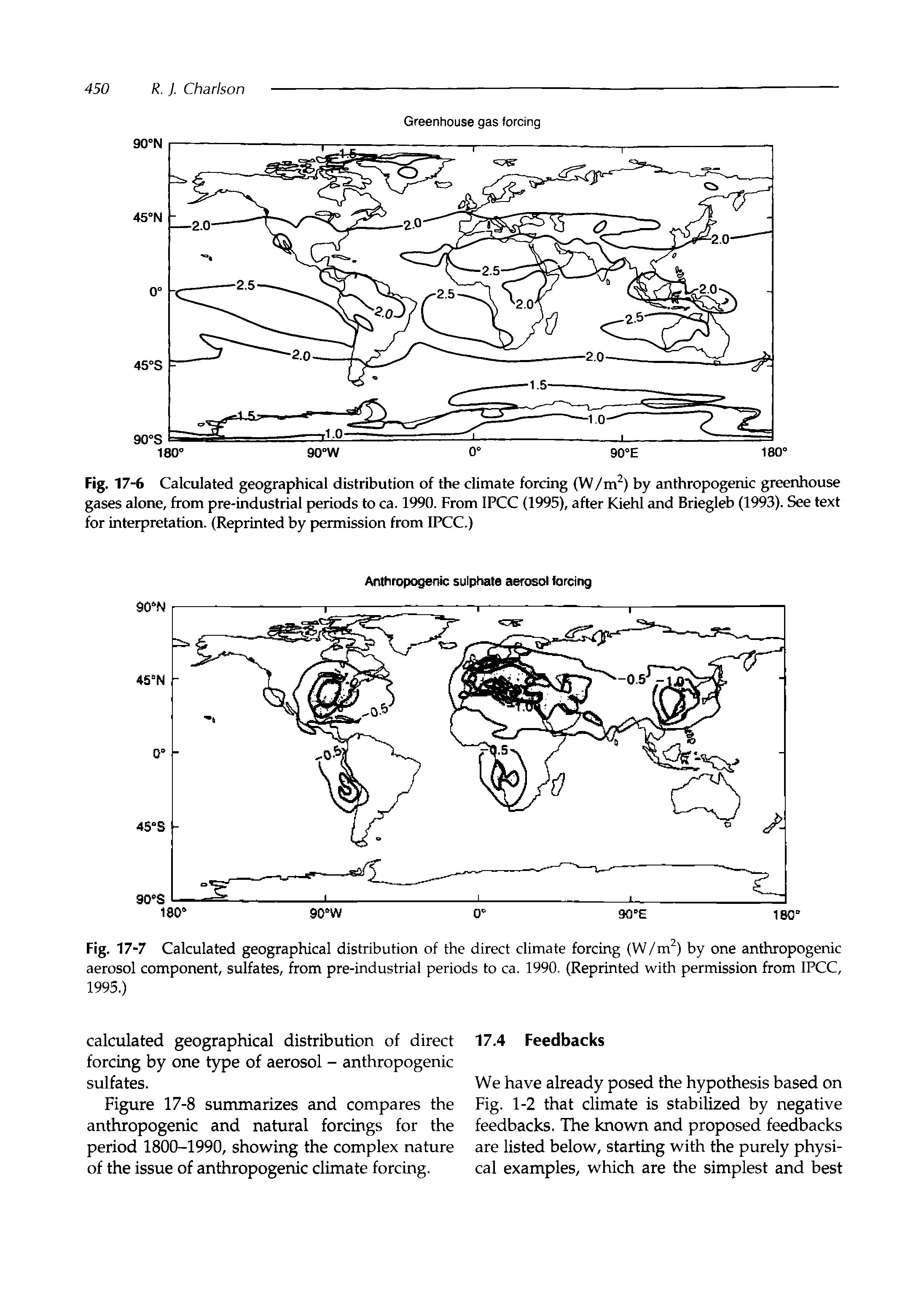 Fig. 17-6 Calculated geographical distribution of the climate forcing (W/m ) by anthropogenic greenhouse gases alone, from pre-industrial periods to ca. 1990. From IPCC (1995), after Kiehl and Briegleb (1993). See text for interpretation. (Reprinted by permission from IPCC.)...