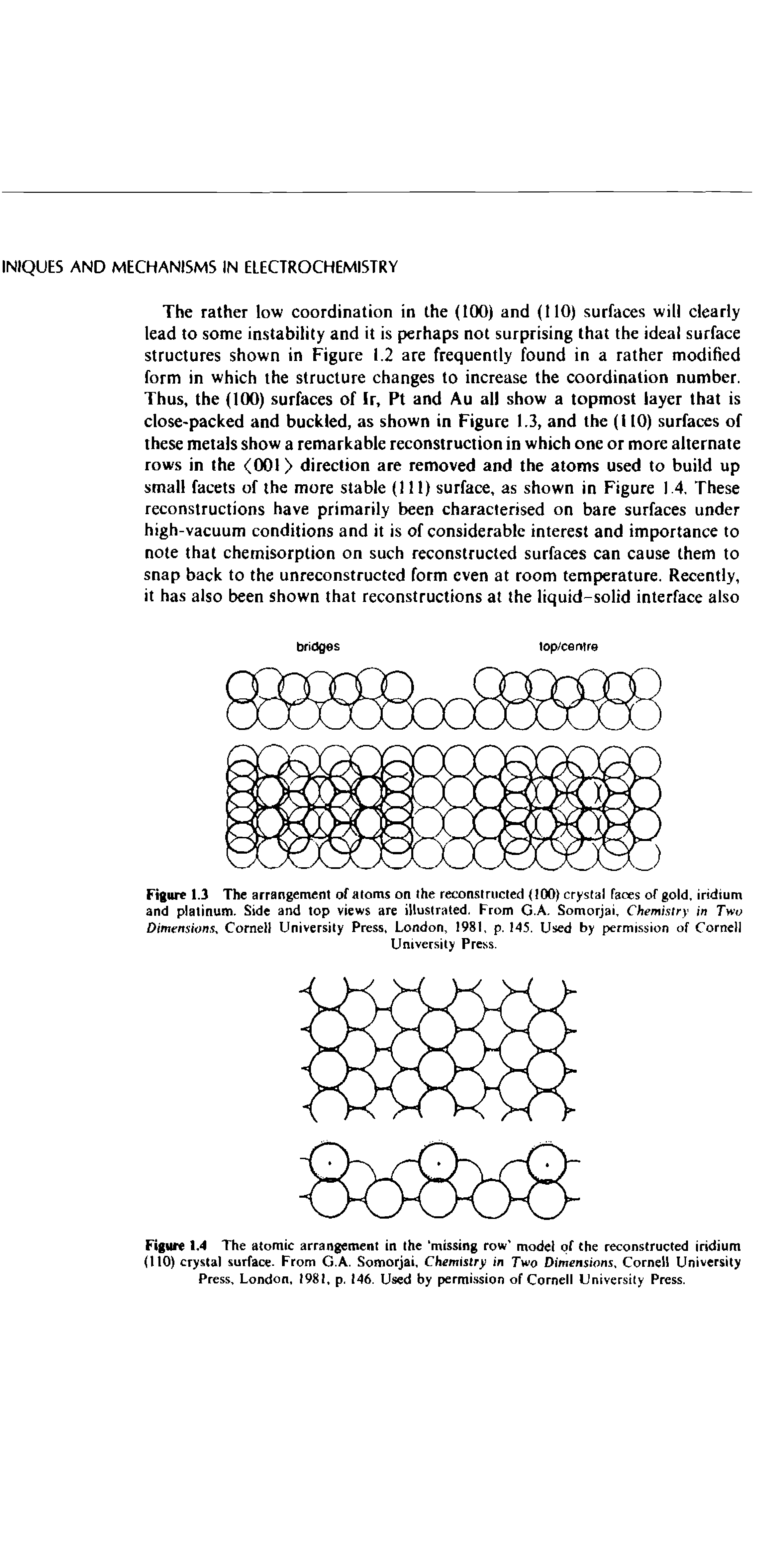 Figure 1,4 The atomic arrangement in the missing row model of the reconstructed iridium (110) crystal surface. From G.A. Somorjai, Chemistry in Two Dimensions, Cornell University Press, London, 1981, p. 146. Used by permission of Cornell University Press.