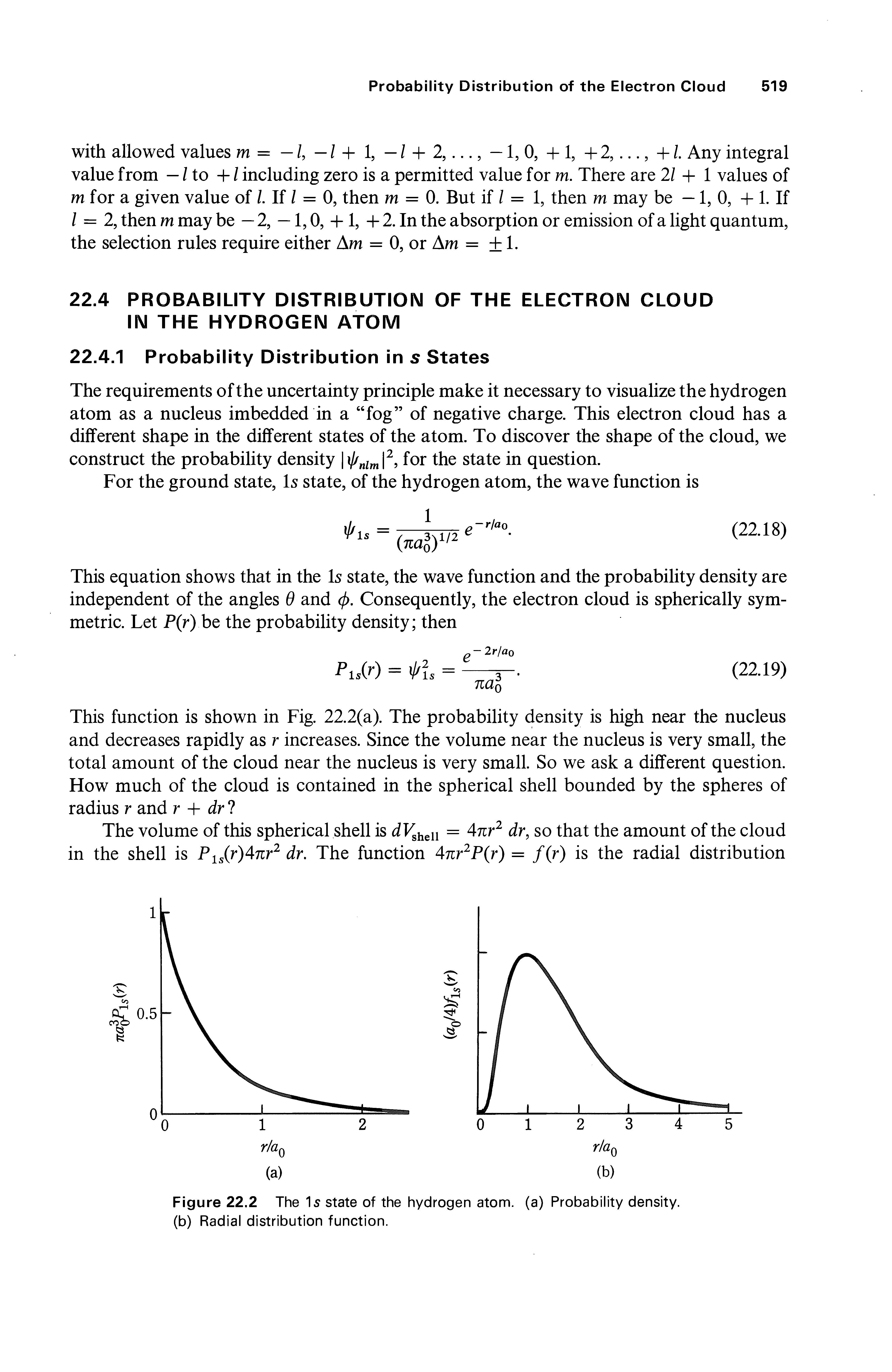 Figure 22.2 The s state of the hydrogen atom, (a) Probability density, (b) Radial distribution function.