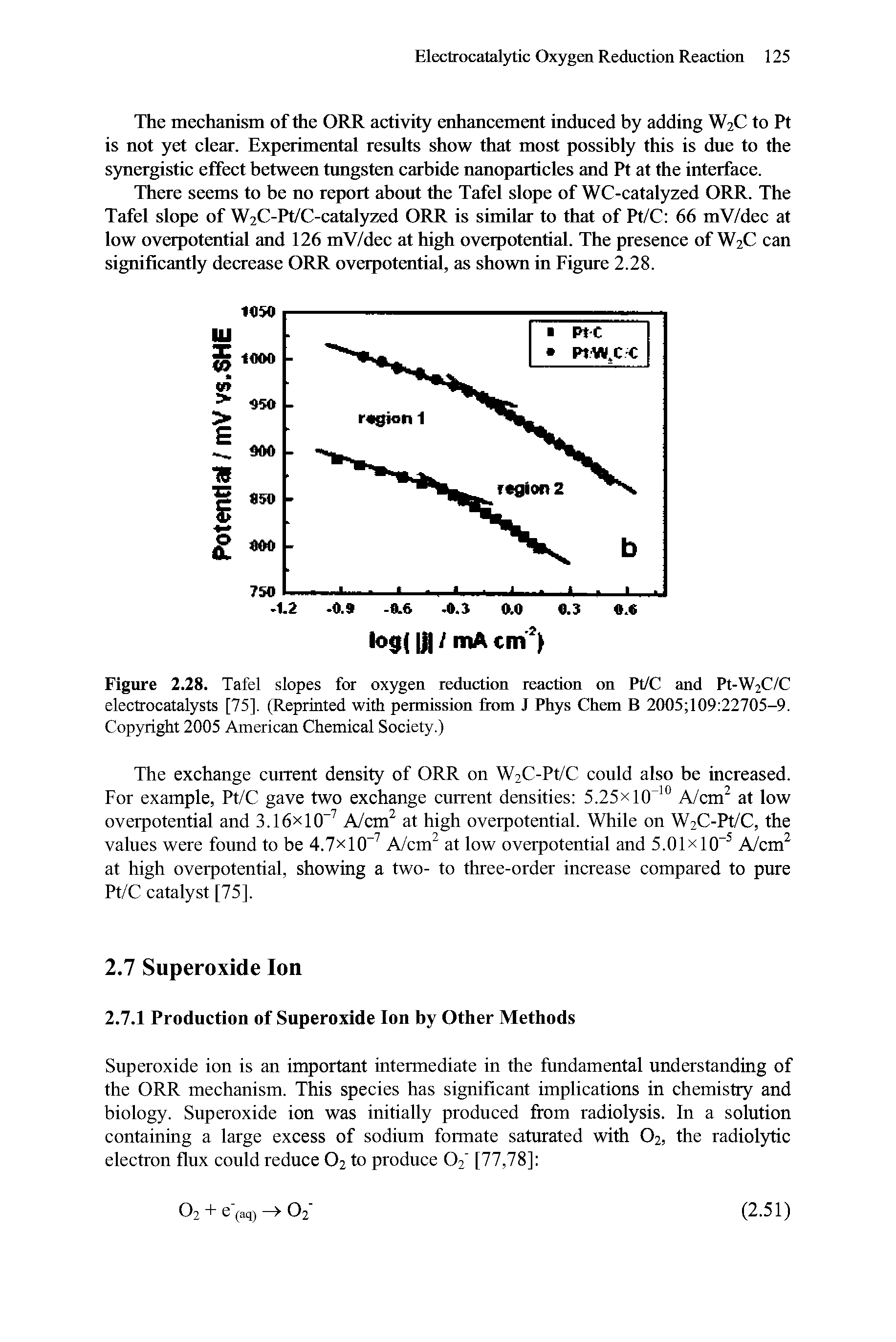 Figure 2.28. Tafel slopes for oxygen reduction reaction on Pt/C and Pt-W2C/C electrocatalysts [75]. (Reprinted with permission from J Phys Chem B 2005 109 22705-9. Copyright 2005 American Chemical Society.)...