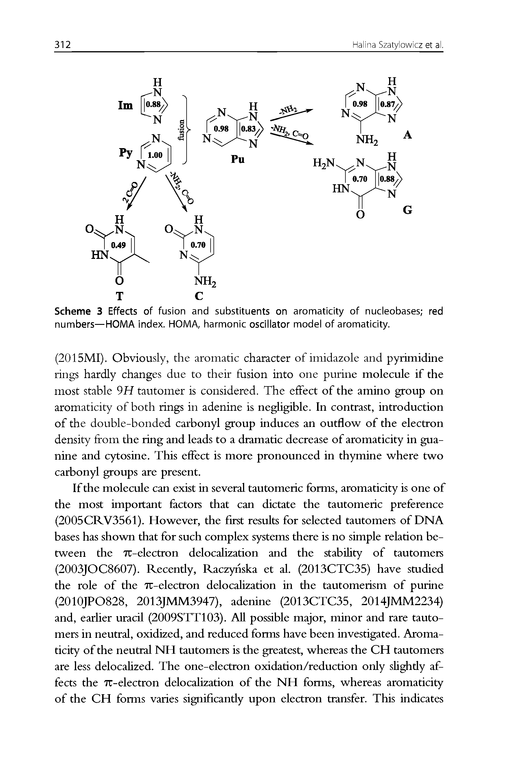 Scheme 3 Effects of fusion and substituents on aromaticity of nucleobases red numbers—HOMA index. HOMA, harmonic oscillator model of aromaticity.