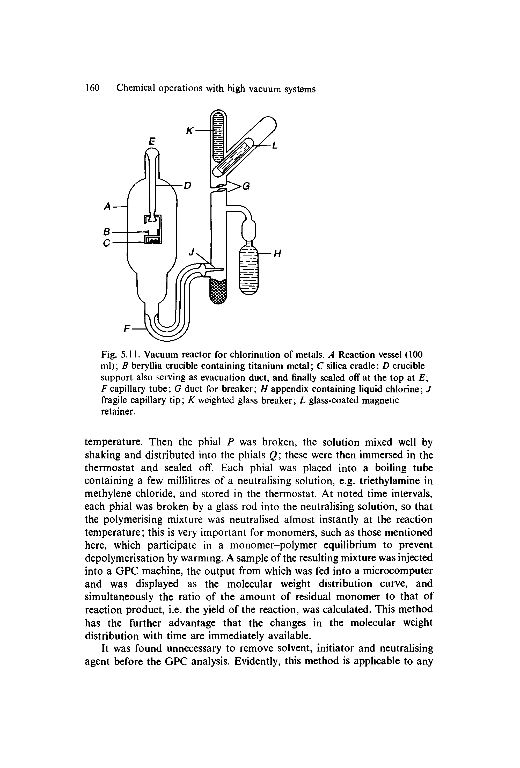 Fig. 5.11. Vacuum reactor for chlorination of metals. A Reaction vessel (100 ml) B beryllia crucible containing titanium metal C silica cradle D crucible support also serving as evacuation duct, and finally sealed off at the top at E F capillary tube G duct for breaker H appendix containing liquid chlorine J fragile capillary tip K weighted glass breaker L glass-coated magnetic retainer.