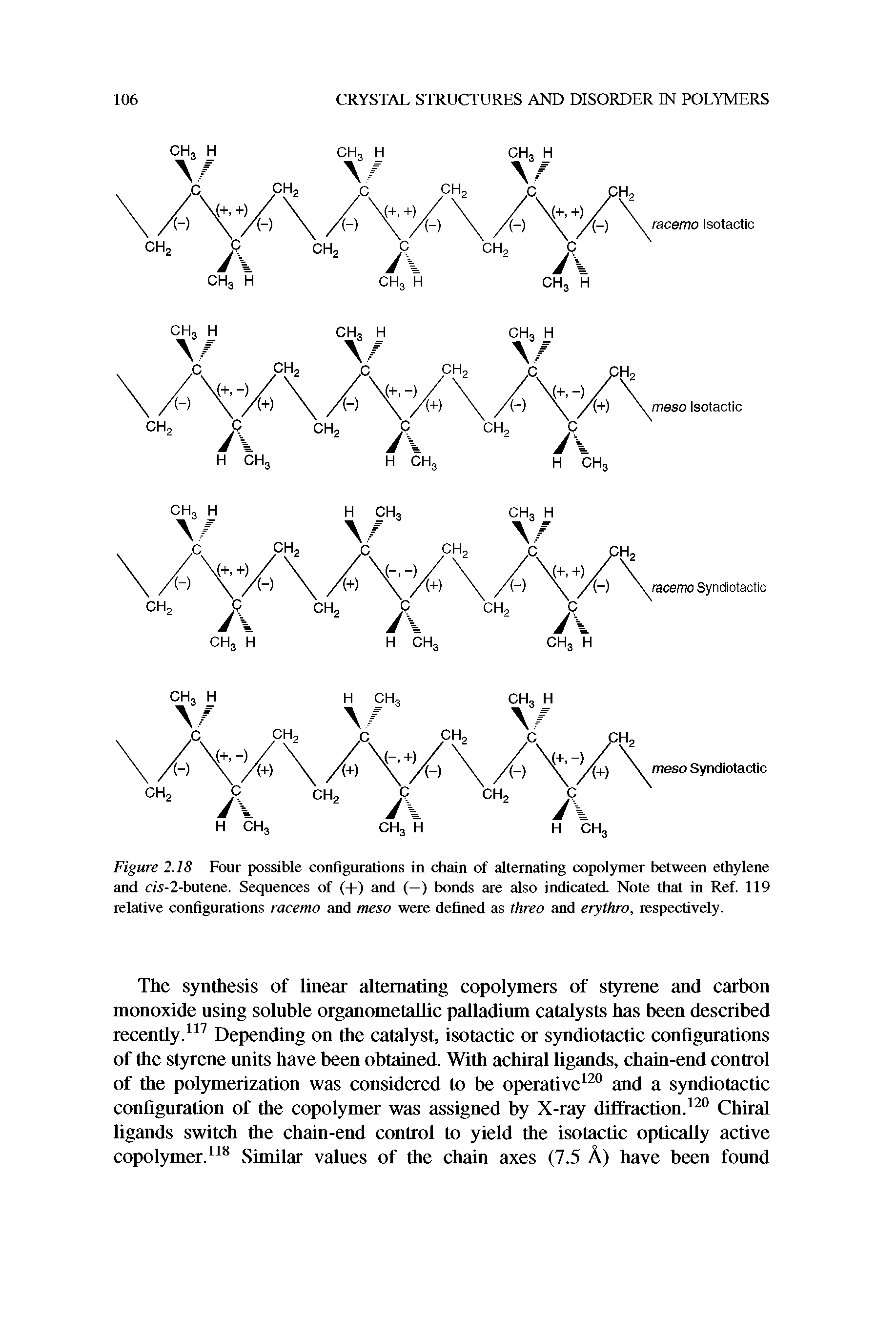 Figure 2.18 Four possible configurations in chain of alternating copolymer between ethylene and cw-2-butene. Sequences of (+) and (—) bonds are also indicated. Note that in Ref. 119 relative configurations racemo and meso were defined as threo and erythro, respectively.